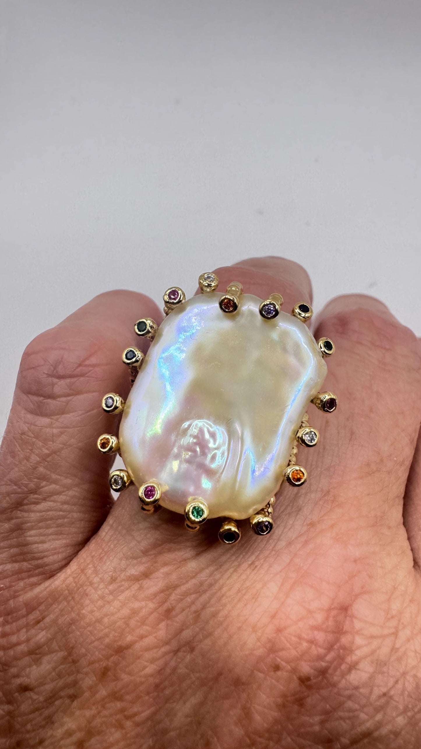 Vintage Biwa Pearl Ring Golden 925 Sterling Silver Cocktail Statement Adjustable