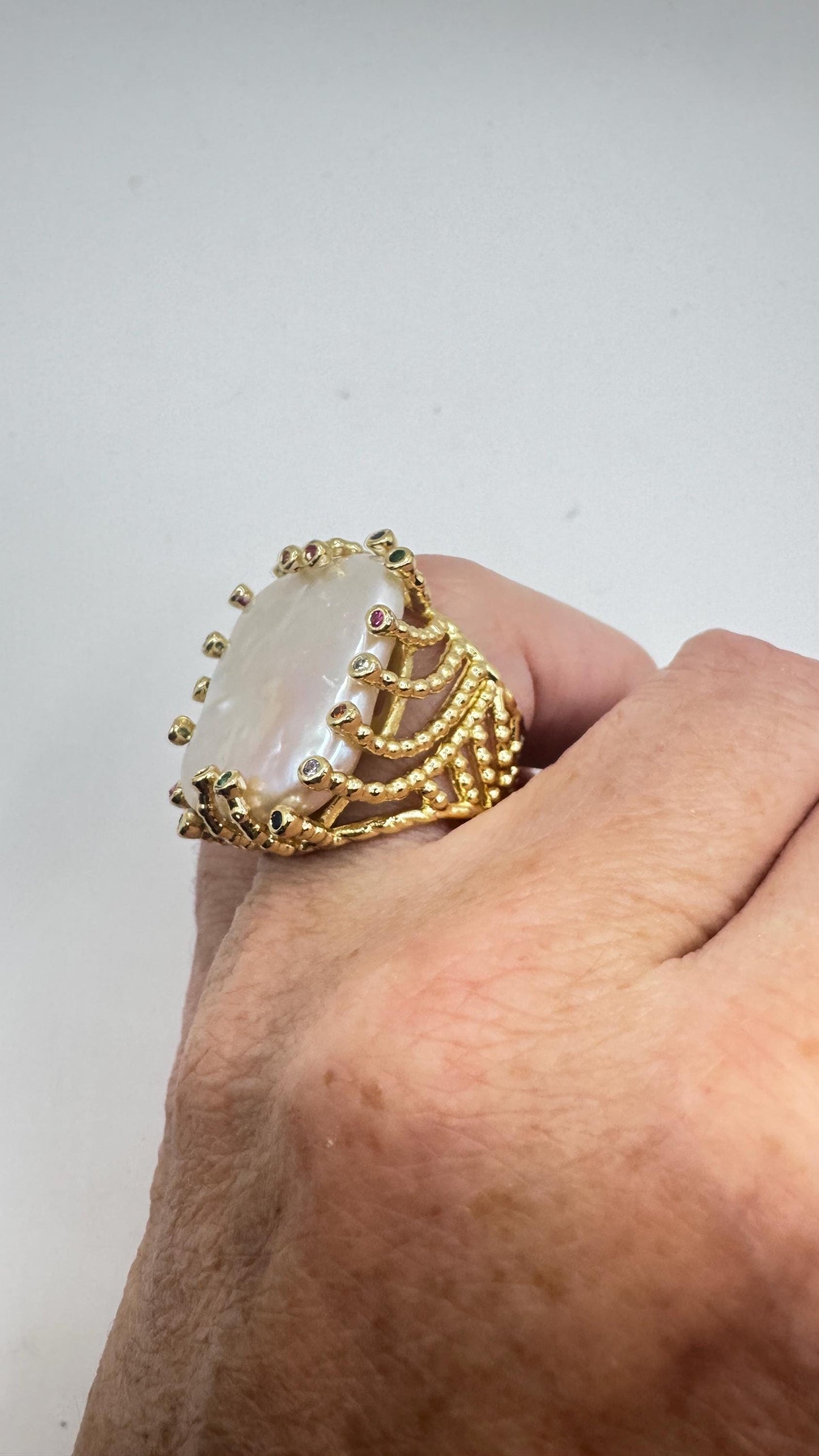 Vintage Biwa Pearl Ring Golden 925 Sterling Silver Cocktail Statement Adjustable