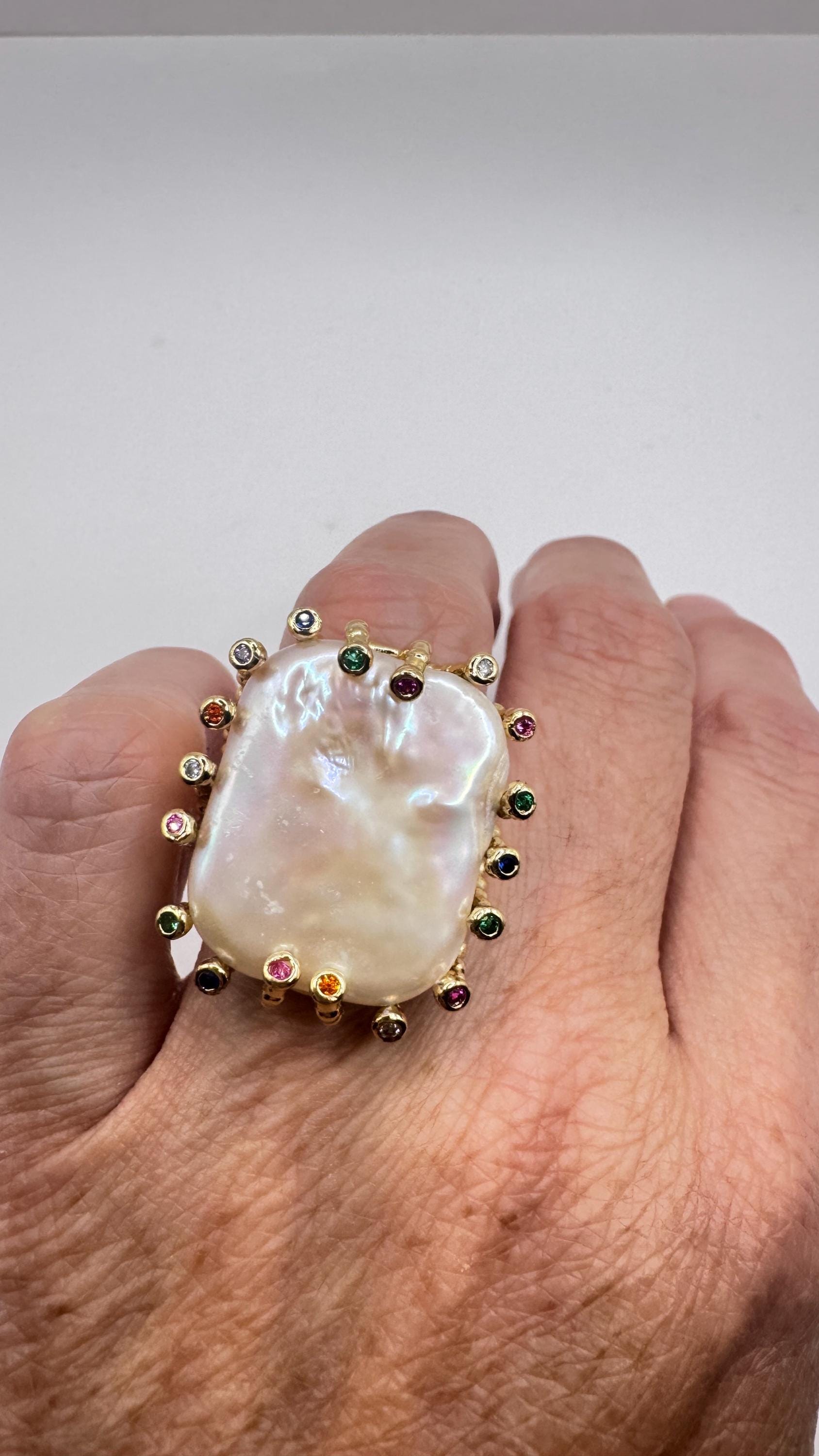 Vintage Biwa Pearl Ring Golden 925 Sterling Silver Cocktail Statement Adjustable