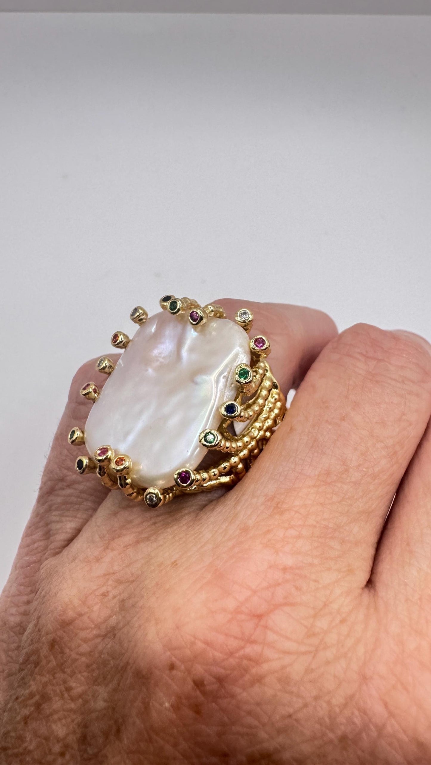 Vintage Biwa Pearl Ring Golden 925 Sterling Silver Cocktail Statement Adjustable