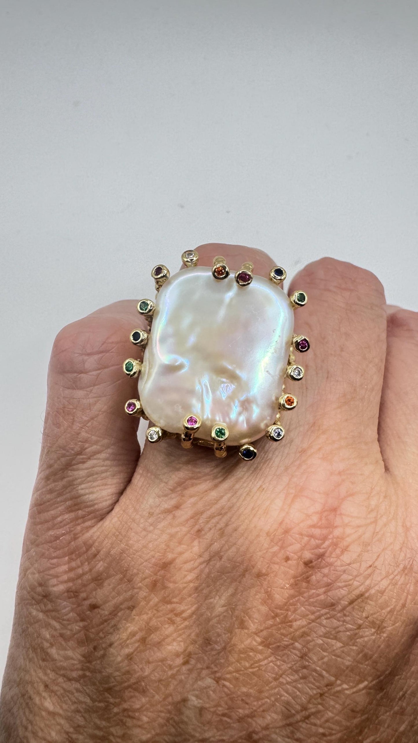 Vintage Biwa Pearl Ring Golden 925 Sterling Silver Cocktail Statement Adjustable