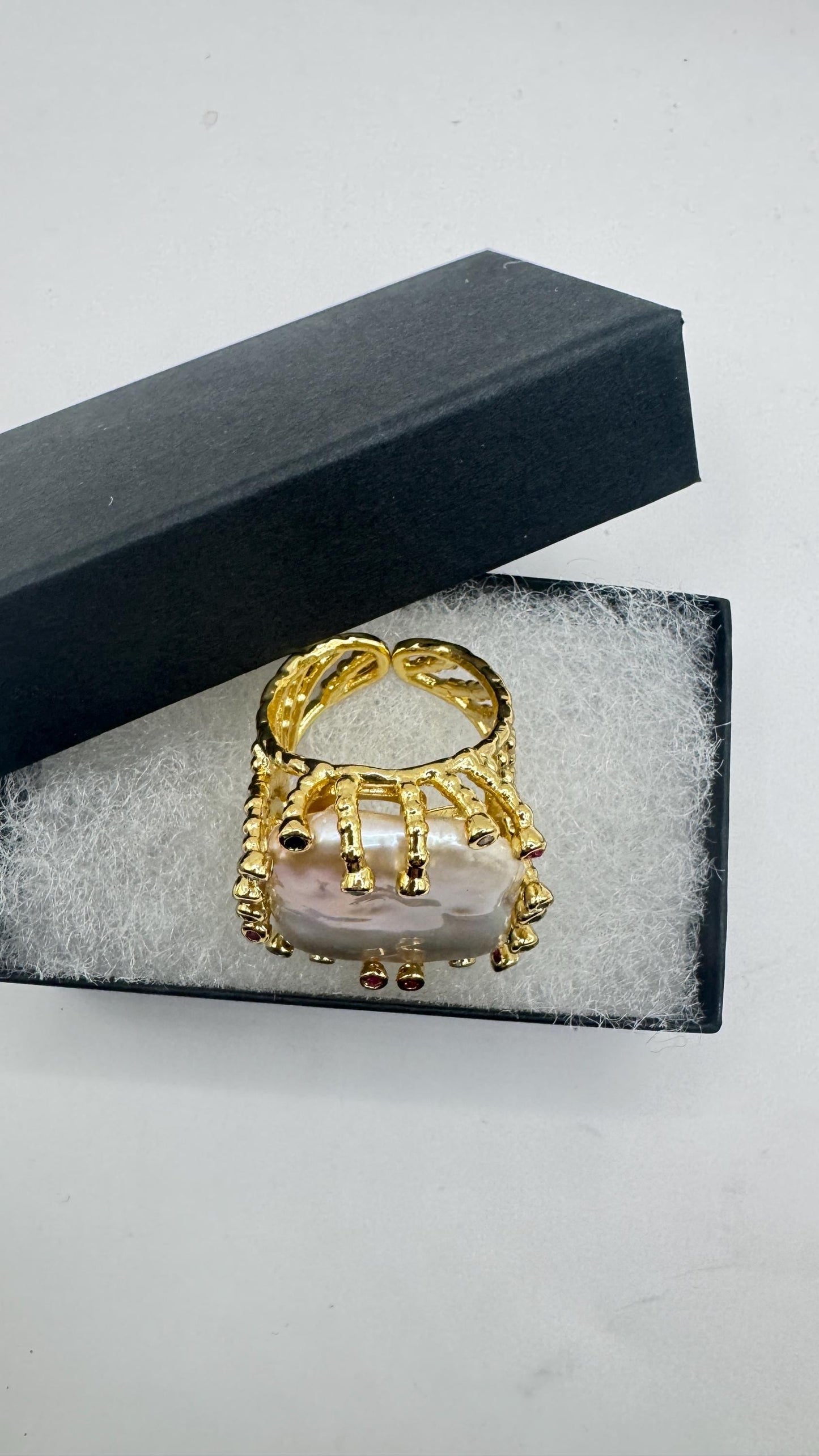 Vintage Biwa Pearl Ring Golden 925 Sterling Silver Cocktail Statement Adjustable