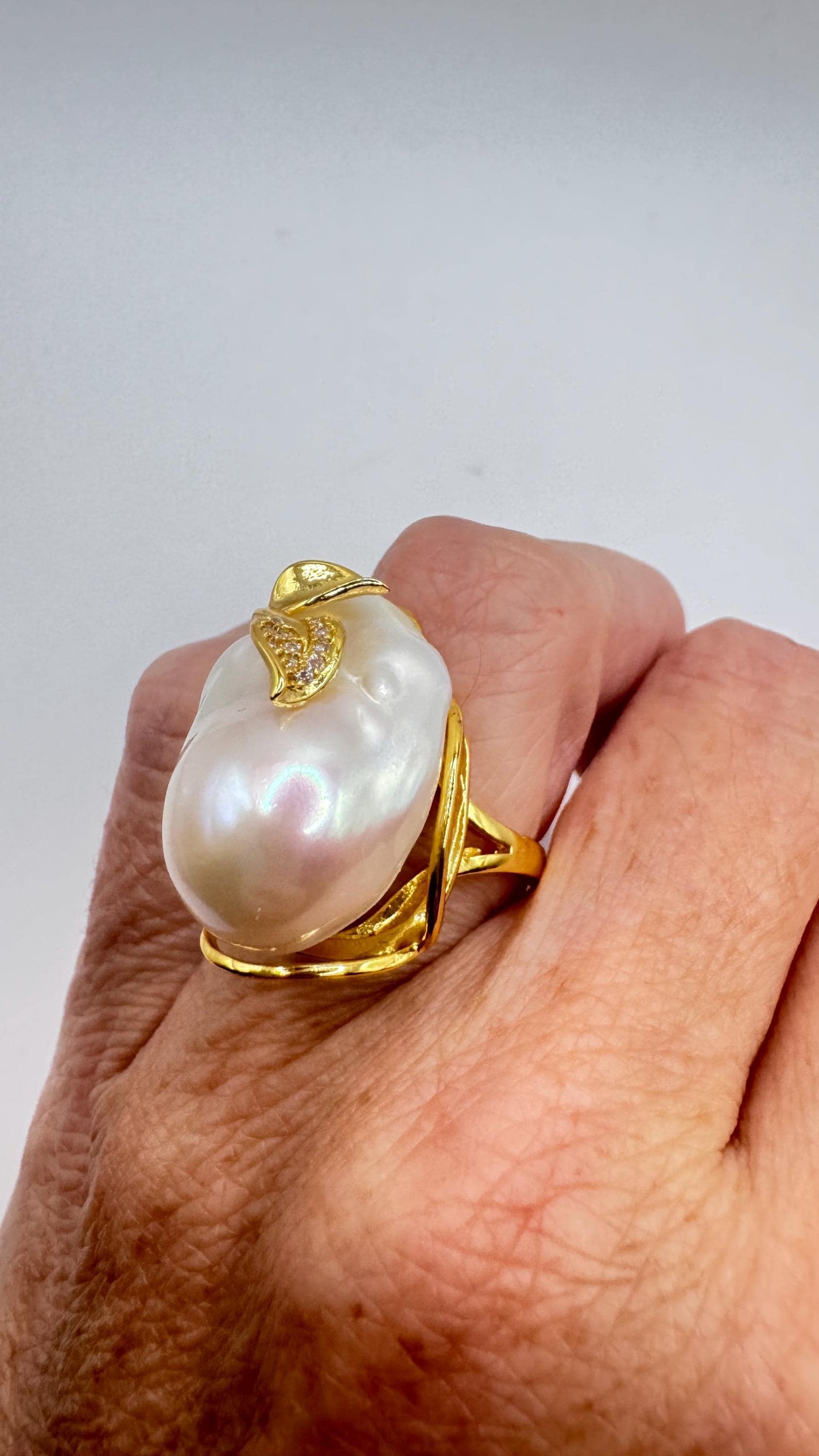 Vintage Biwa Pearl Ring Golden 925 Sterling Silver Cocktail Statement Adjustable