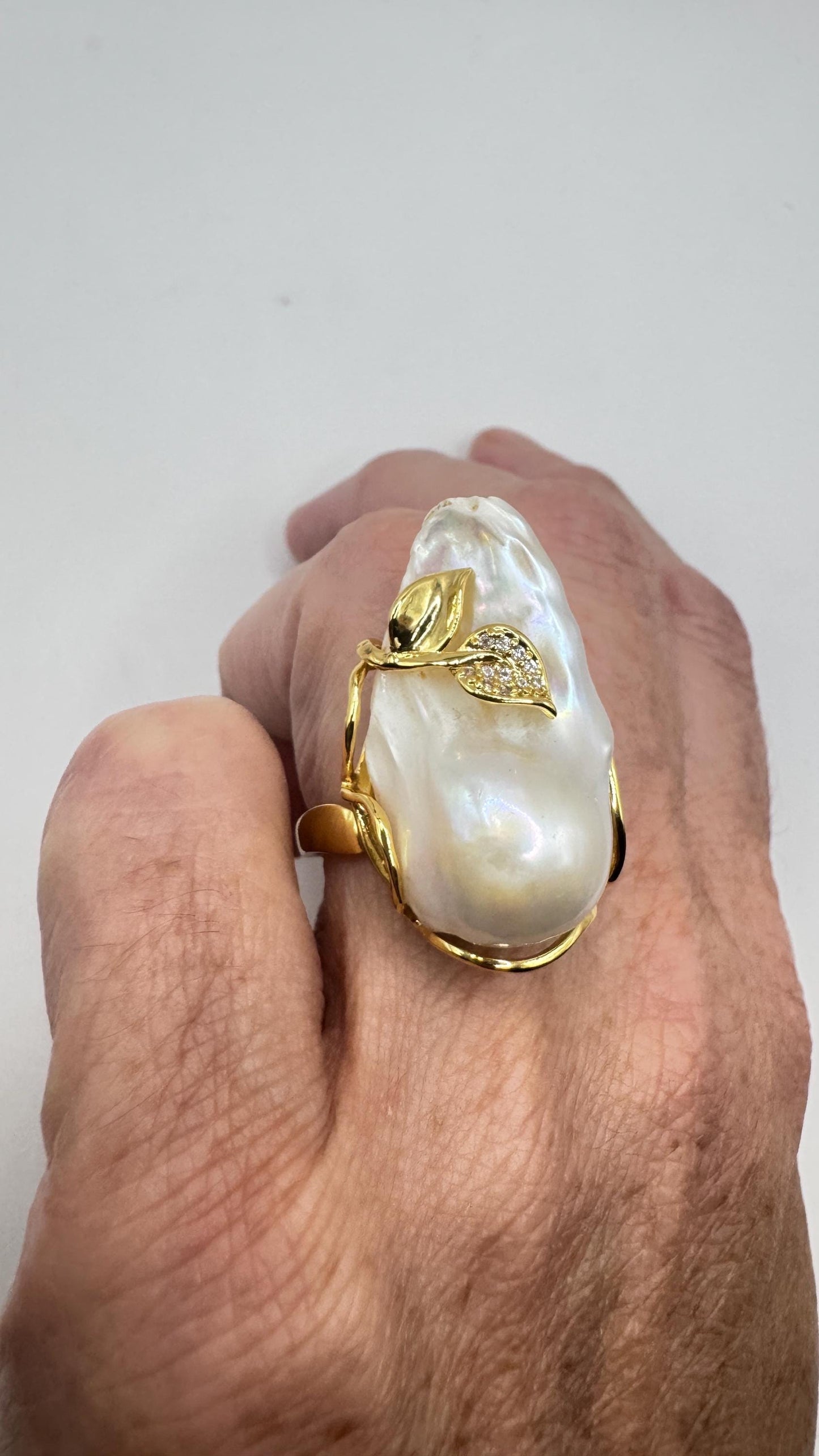 Vintage Biwa Pearl Ring Golden 925 Sterling Silver Cocktail Statement Adjustable