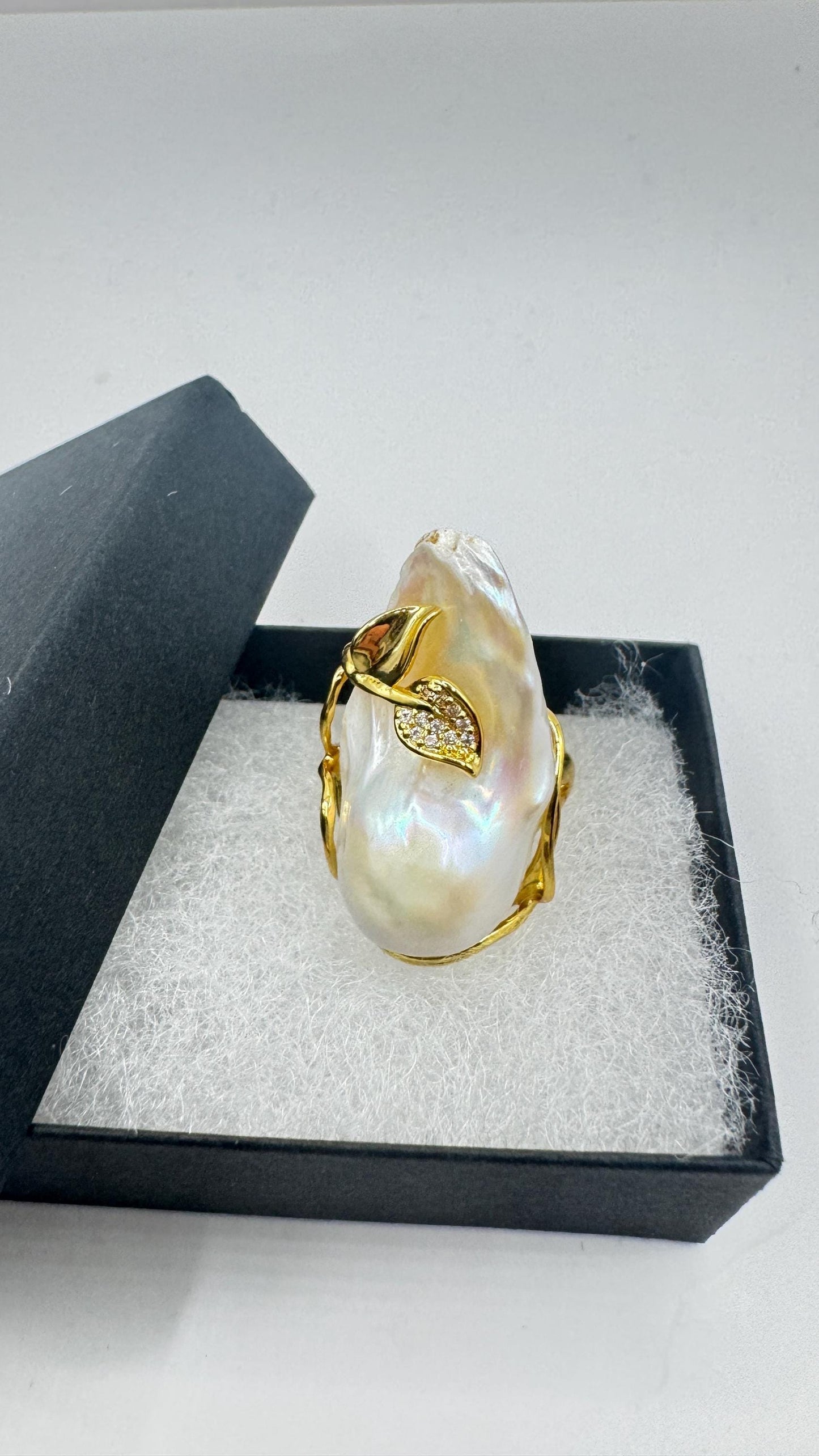 Vintage Biwa Pearl Ring Golden 925 Sterling Silver Cocktail Statement Adjustable