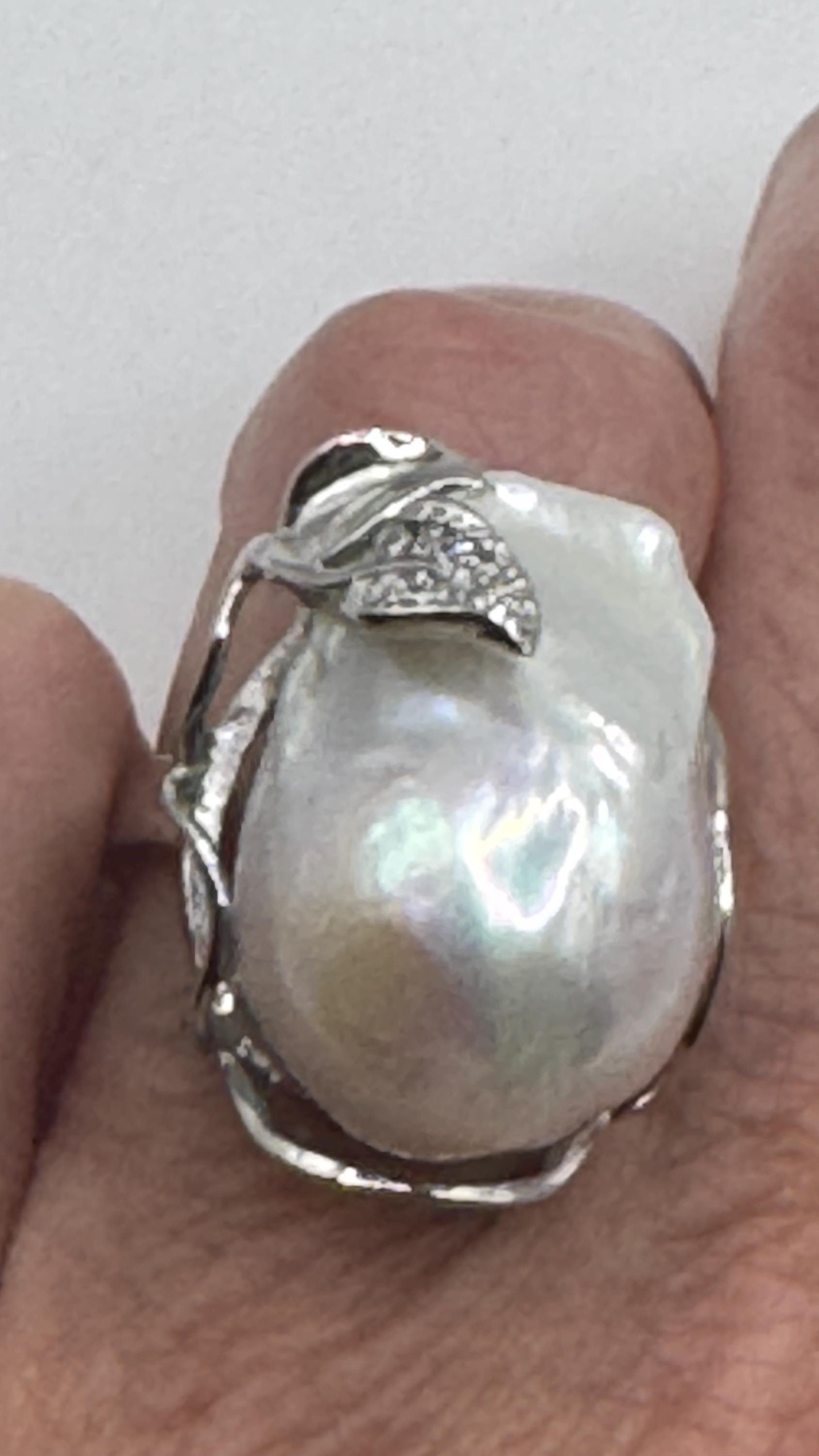 Vintage Biwa Pearl Ring 925 Sterling Silver Cocktail Statement Adjustable