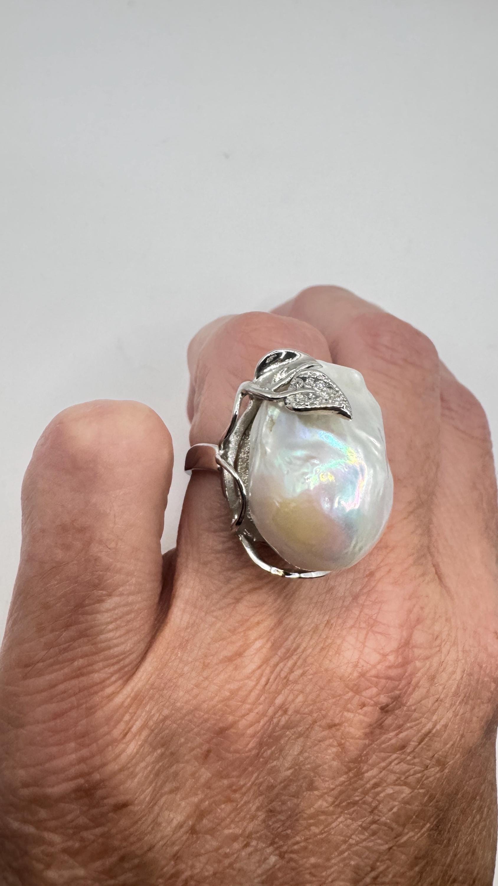 Vintage Biwa Pearl Ring 925 Sterling Silver Cocktail Statement Adjustable