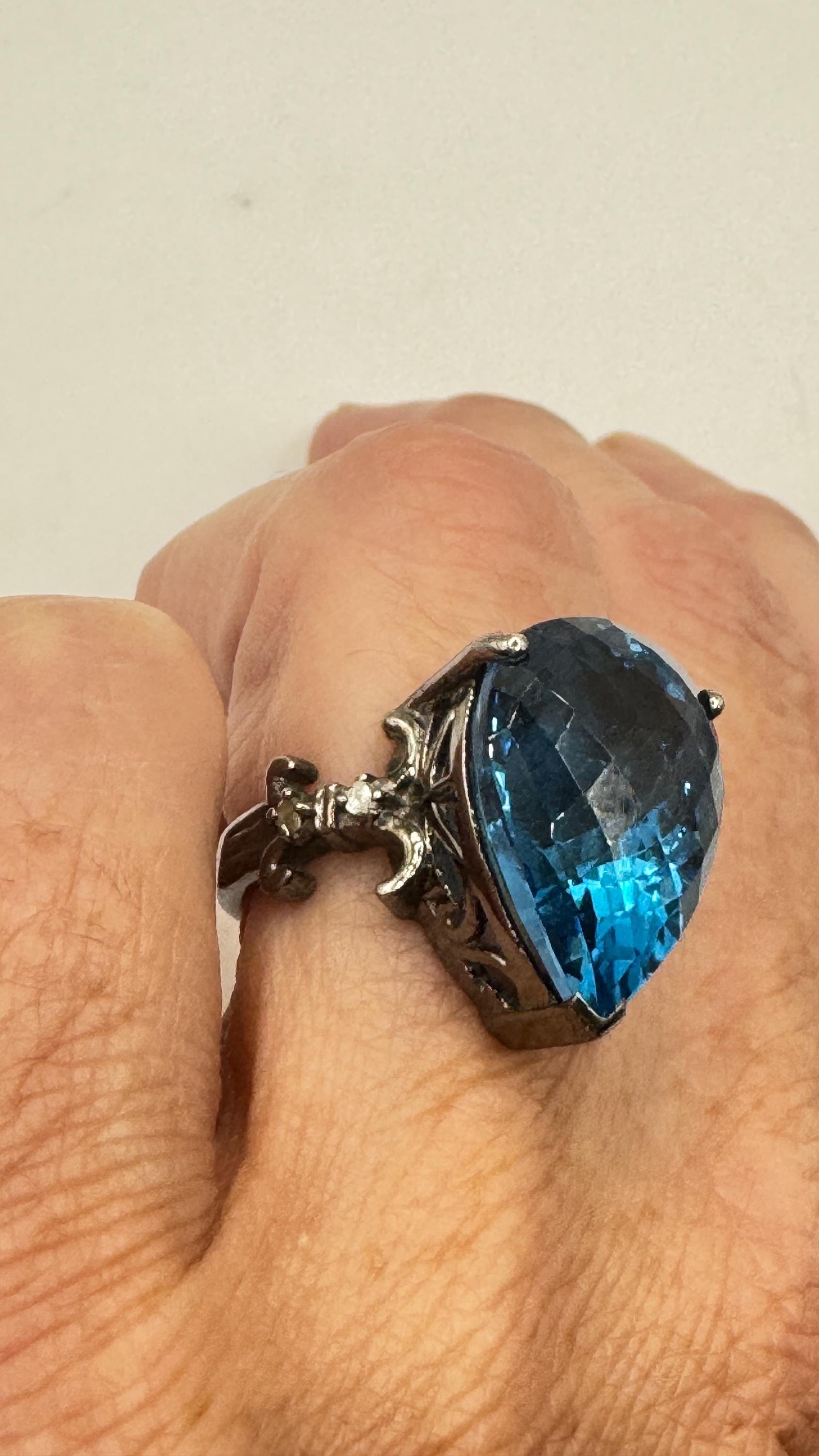 Vintage Blue Fluorite 925 Sterling Silver Deco Ring