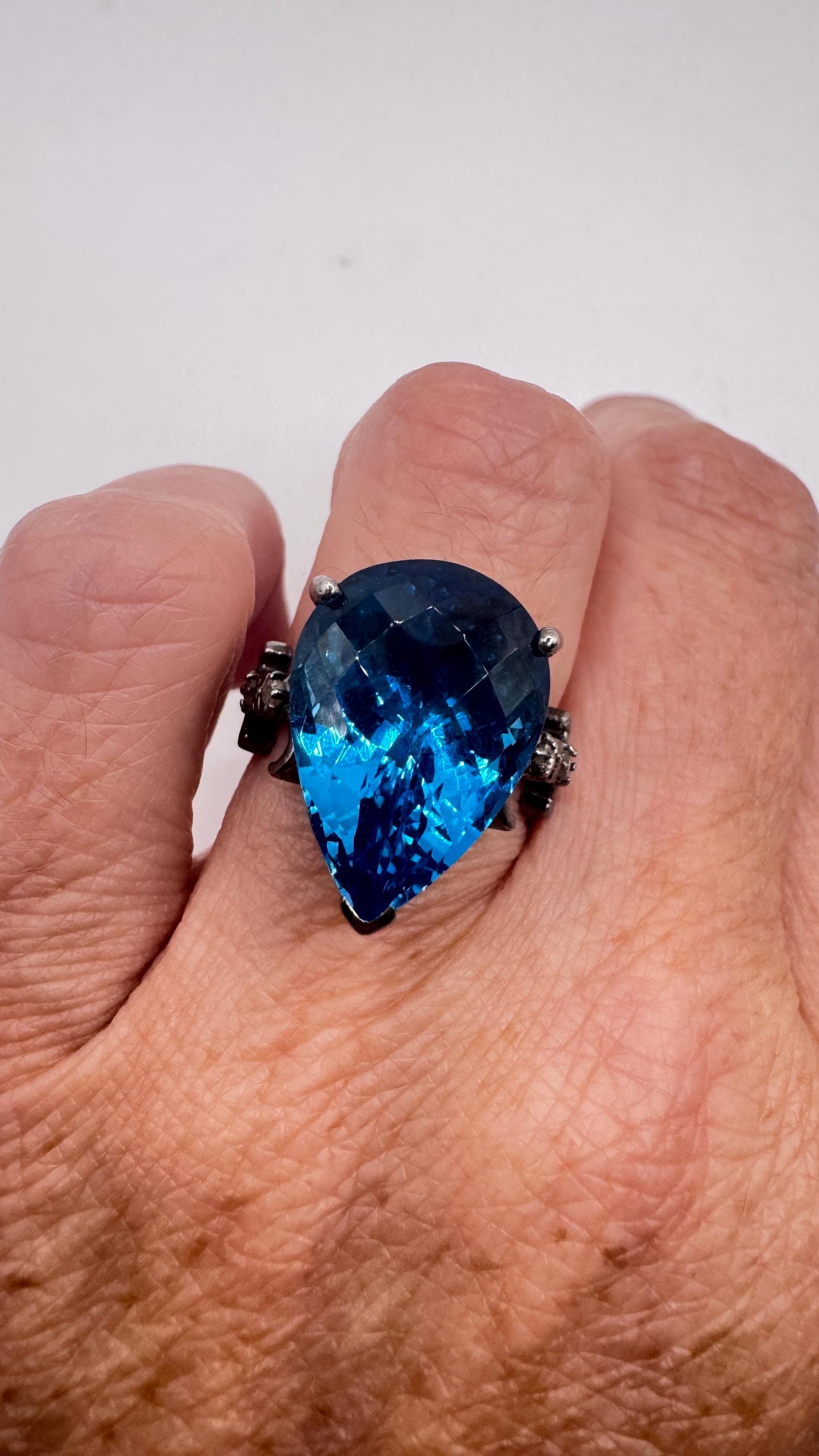 Vintage Blue Fluorite 925 Sterling Silver Deco Ring
