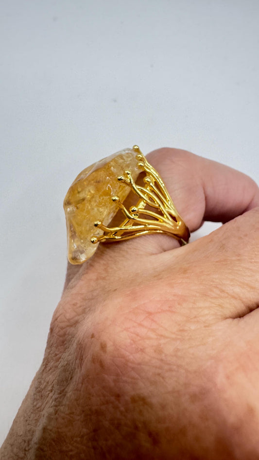 Vintage Clear Citrine Quartz Cocktail Ring Adjustable
