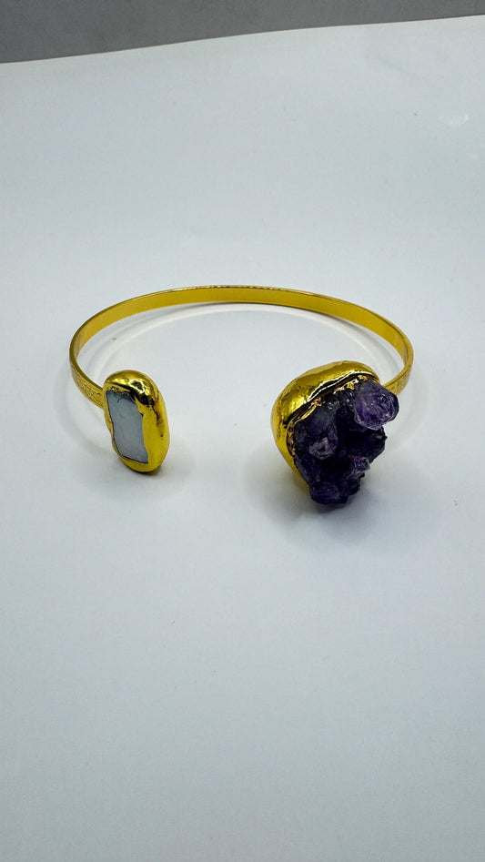 Vintage Pearl Amethyst Cuff Bangle Bracelet Golden 925 Sterling Silver