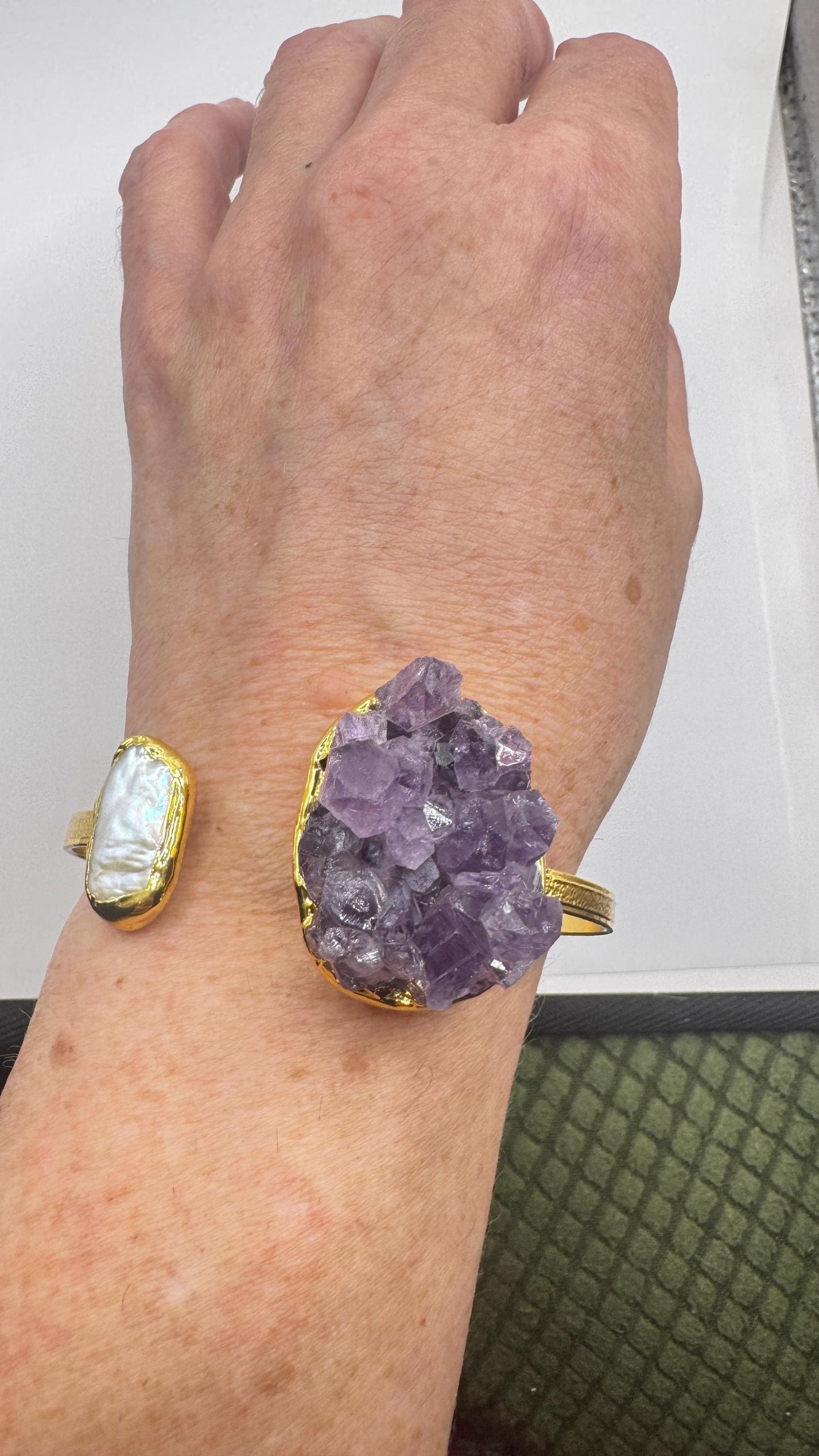Vintage Pearl Amethyst Cuff Bangle Bracelet Golden 925 Sterling Silver