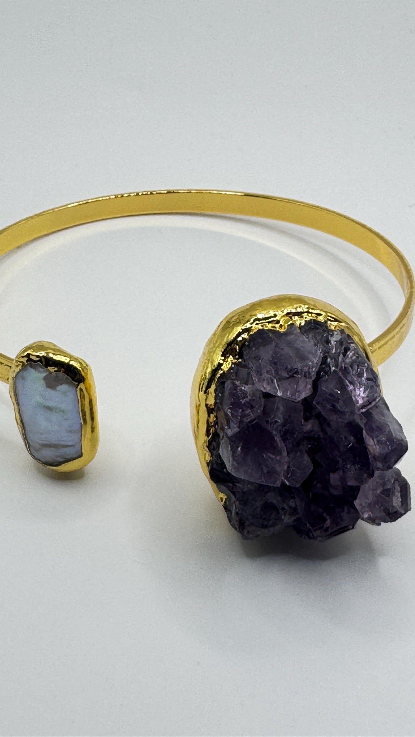 Vintage Pearl Amethyst Cuff Bangle Bracelet Golden 925 Sterling Silver