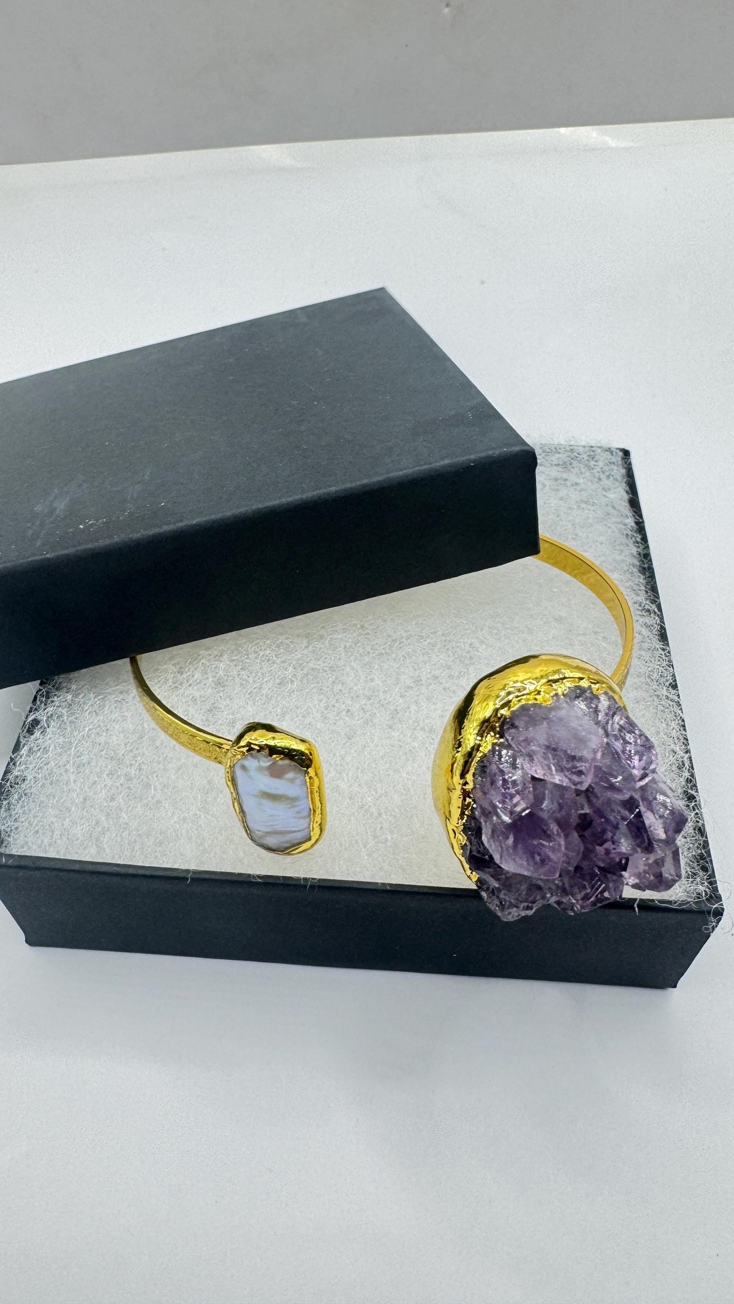 Vintage Pearl Amethyst Cuff Bangle Bracelet Golden 925 Sterling Silver