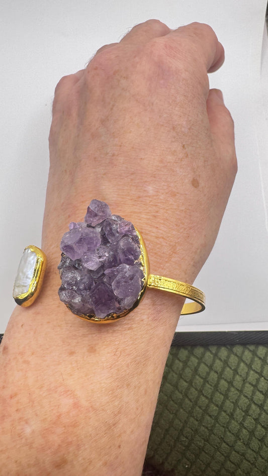Vintage Pearl Amethyst Cuff Bangle Bracelet Golden 925 Sterling Silver