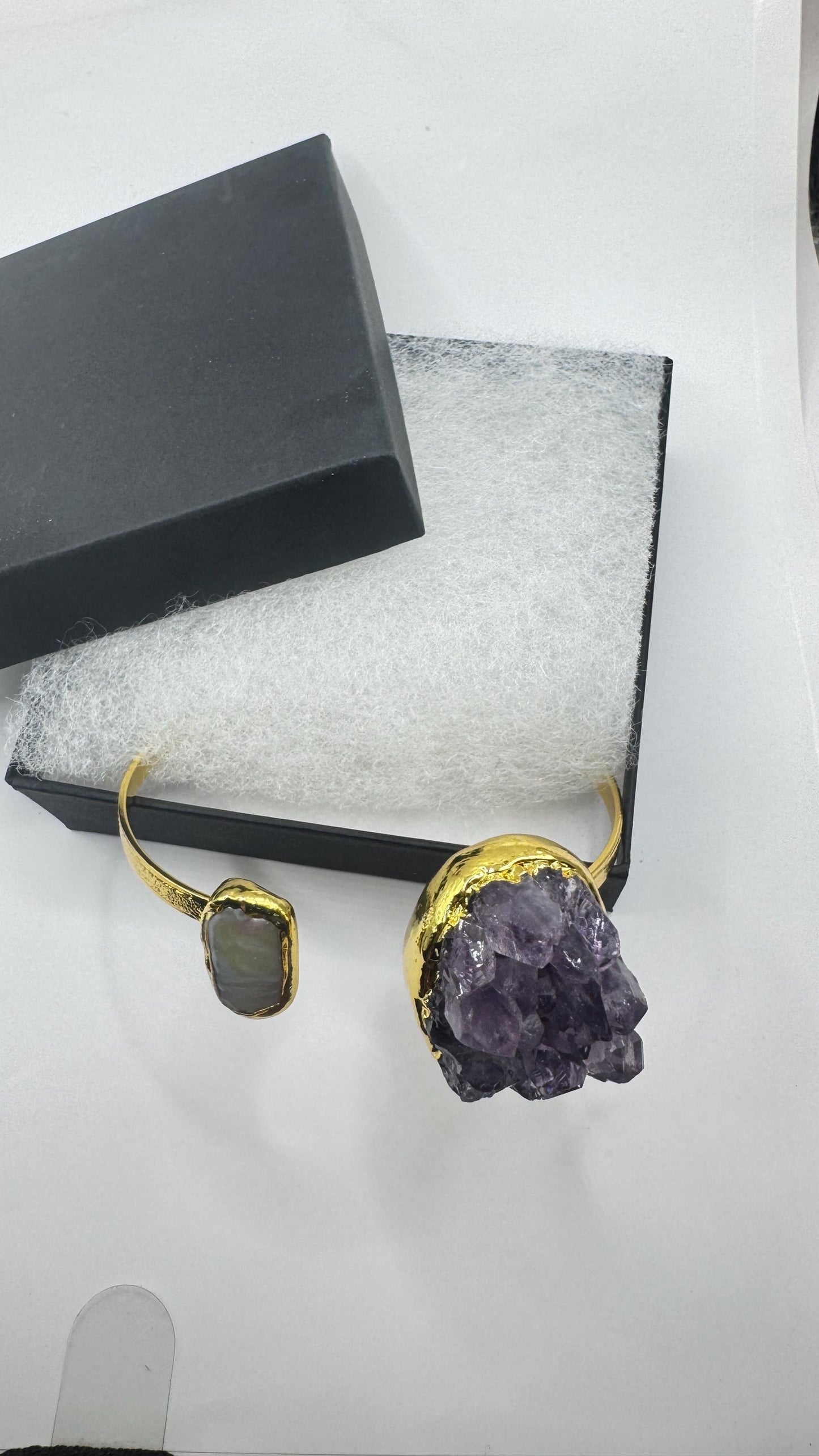 Vintage Pearl Amethyst Cuff Bangle Bracelet Golden 925 Sterling Silver