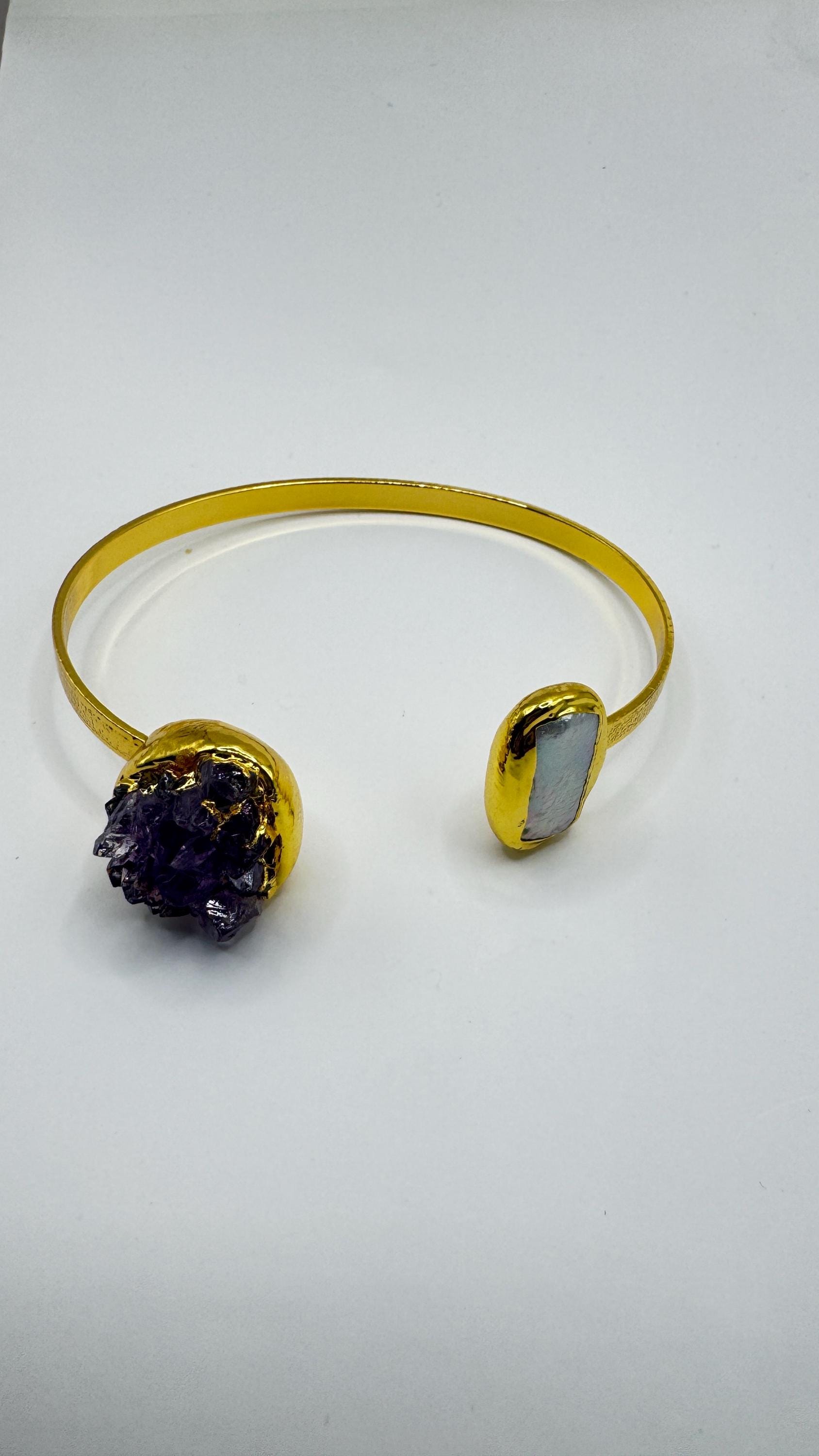 Vintage Pearl Amethyst Cuff Bangle Bracelet Golden 925 Sterling Silver