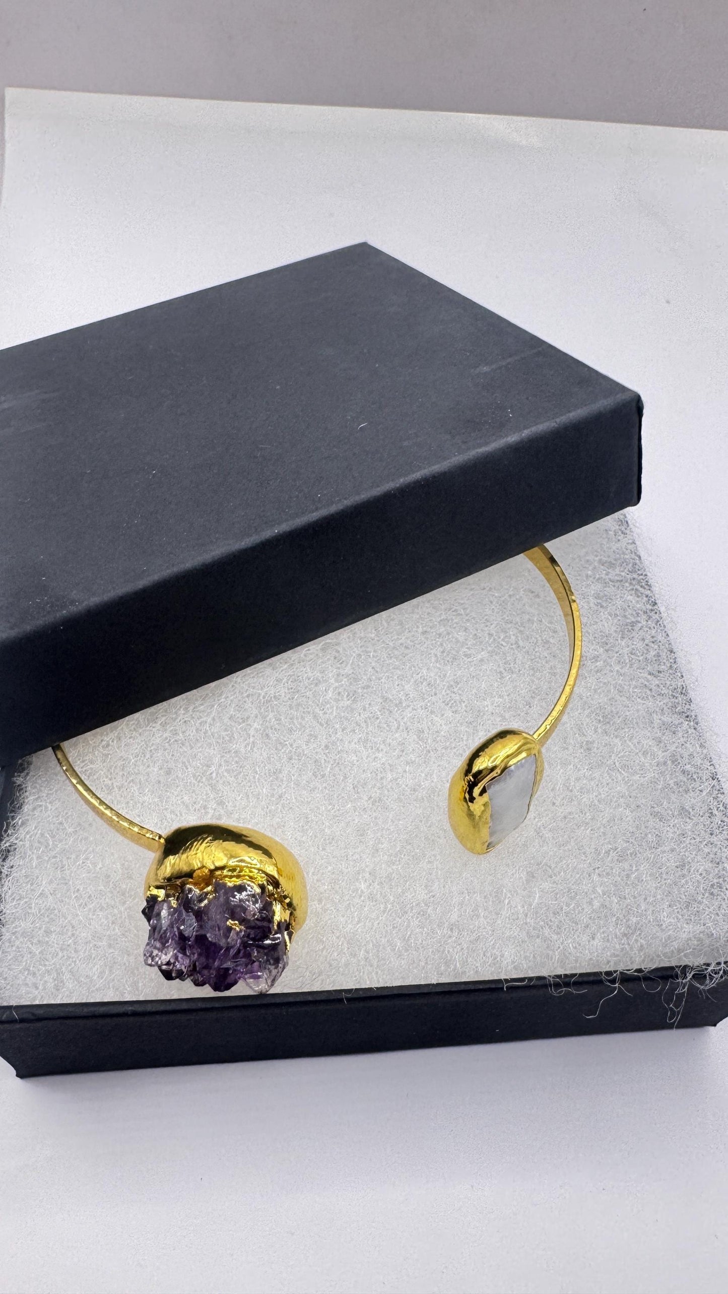 Vintage Pearl Amethyst Cuff Bangle Bracelet Golden 925 Sterling Silver