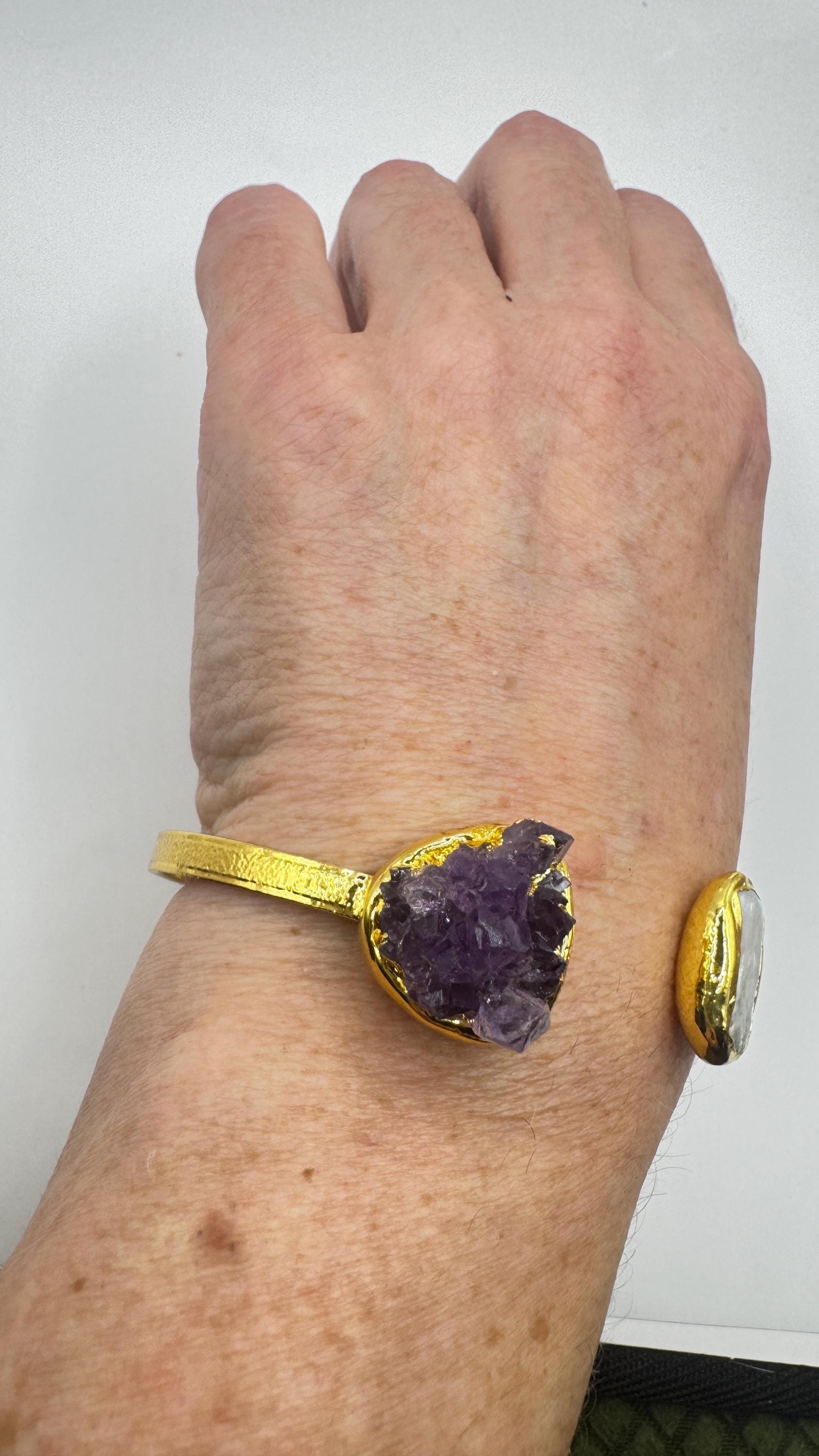 Vintage Pearl Amethyst Cuff Bangle Bracelet Golden 925 Sterling Silver