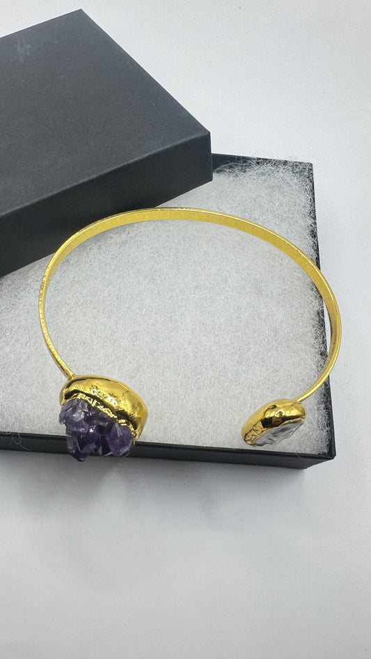 Vintage Pearl Amethyst Cuff Bangle Bracelet Golden 925 Sterling Silver