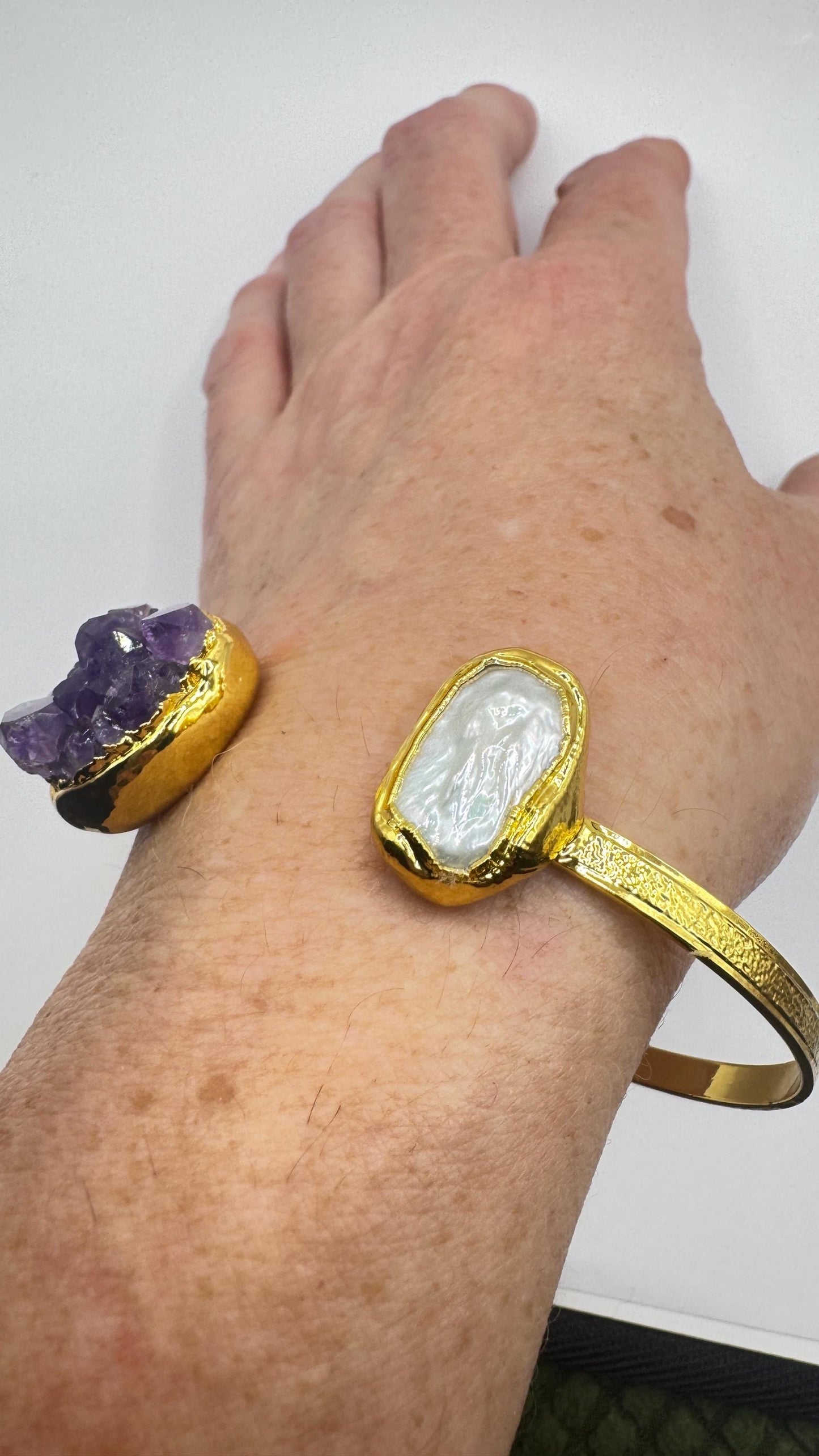Vintage Pearl Amethyst Cuff Bangle Bracelet Golden 925 Sterling Silver
