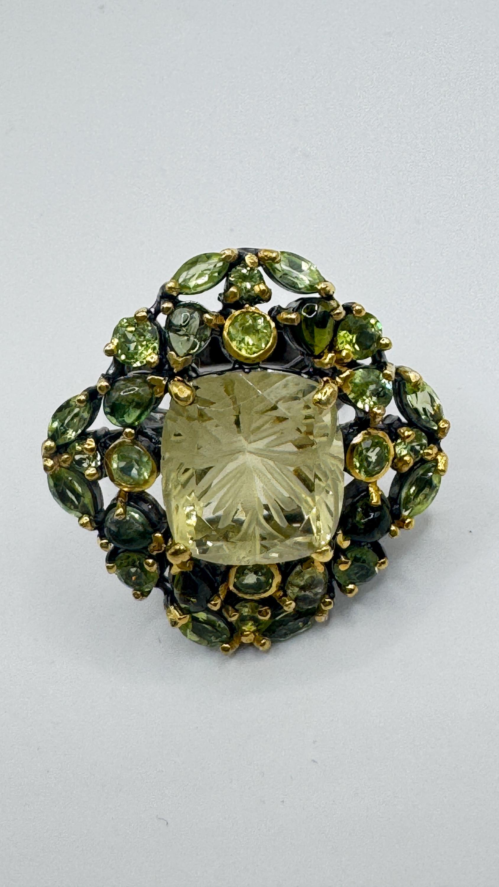 Vintage Citrine and Red Garnet 925 Sterling Silver Cocktail Ring