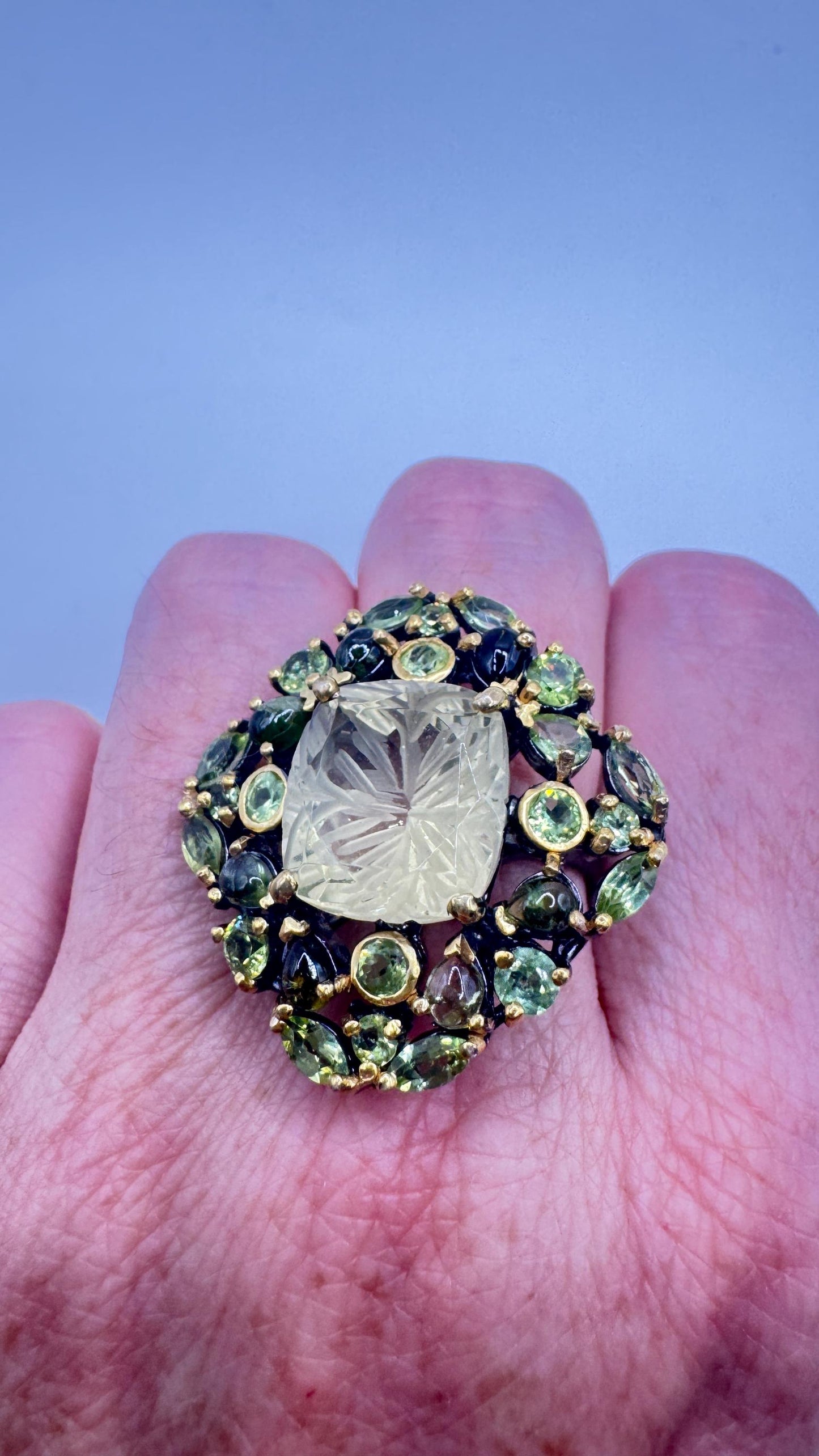 Vintage Citrine and Red Garnet 925 Sterling Silver Cocktail Ring