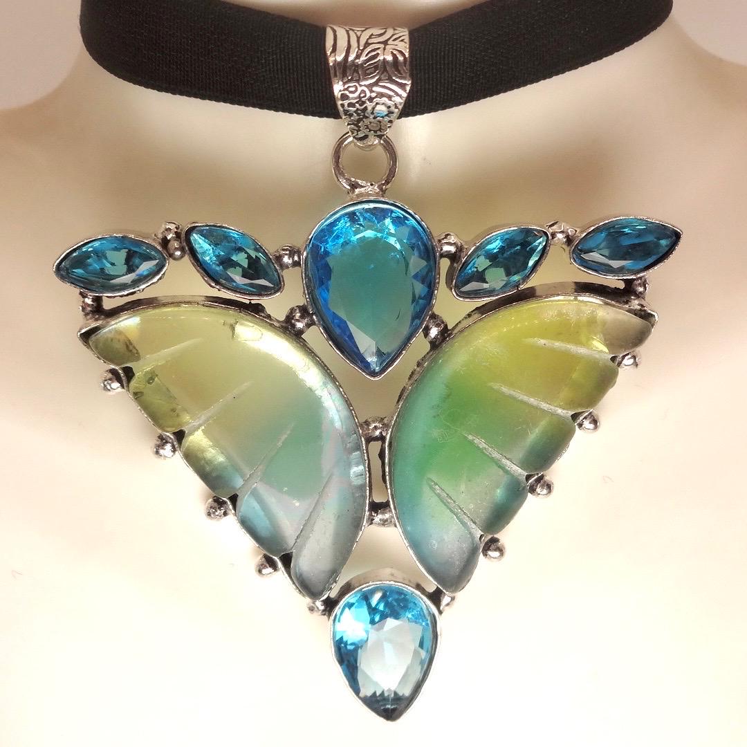 Vintage Glass Butterfly Pendant Necklace Velvet Choker