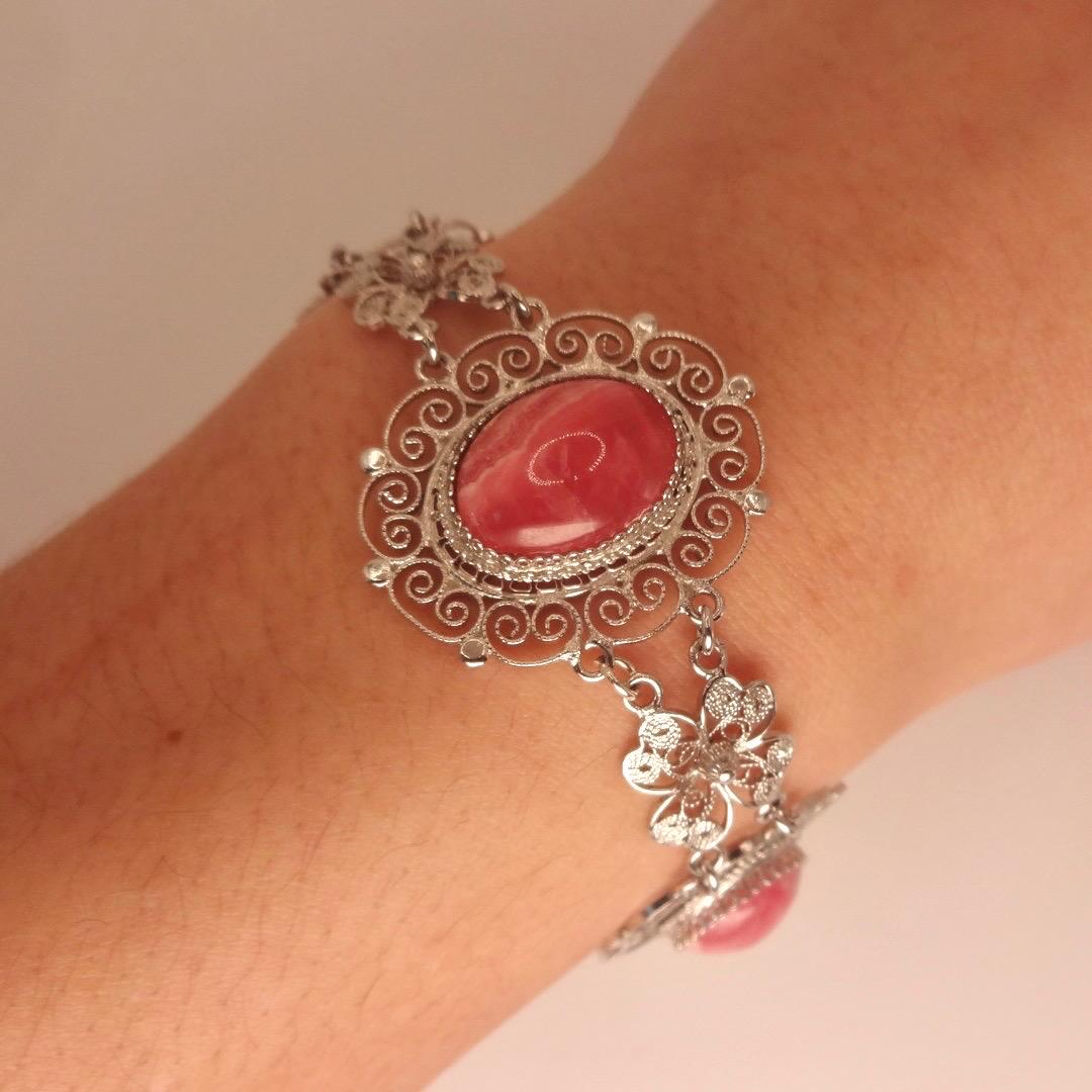 Vintage Pink Rhodochrosite Bangle Cuff Bracelet White Bronze Silver