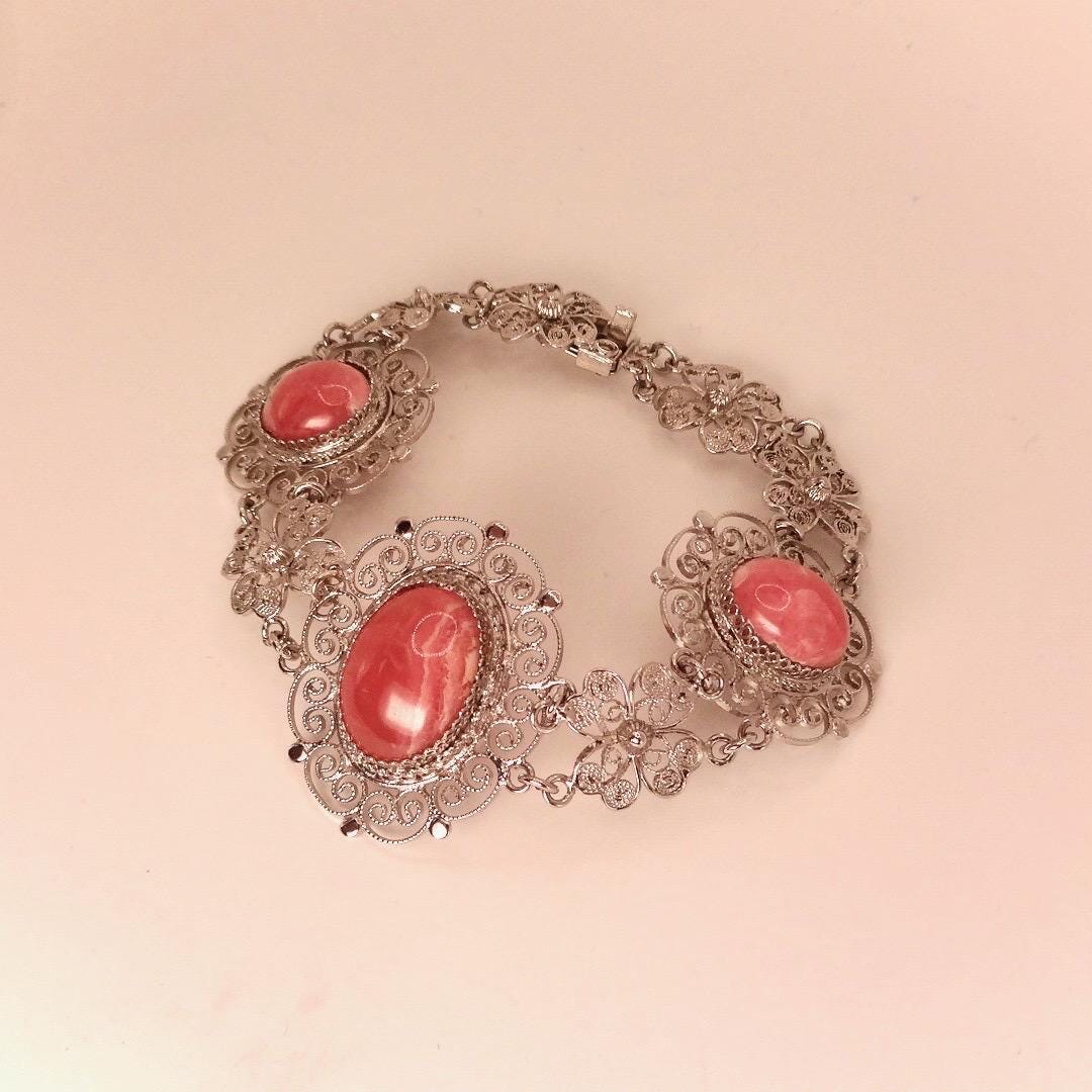 Vintage Pink Rhodochrosite Bangle Cuff Bracelet White Bronze Silver