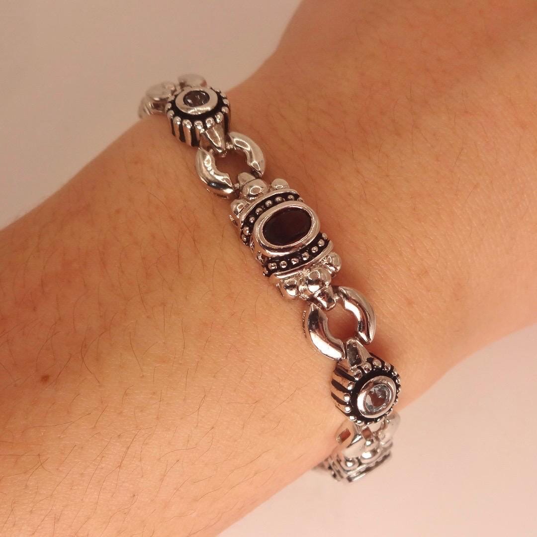 Vintage Red Garnet Clear Quartz Bracelet Sterling Silver Deco Tennis