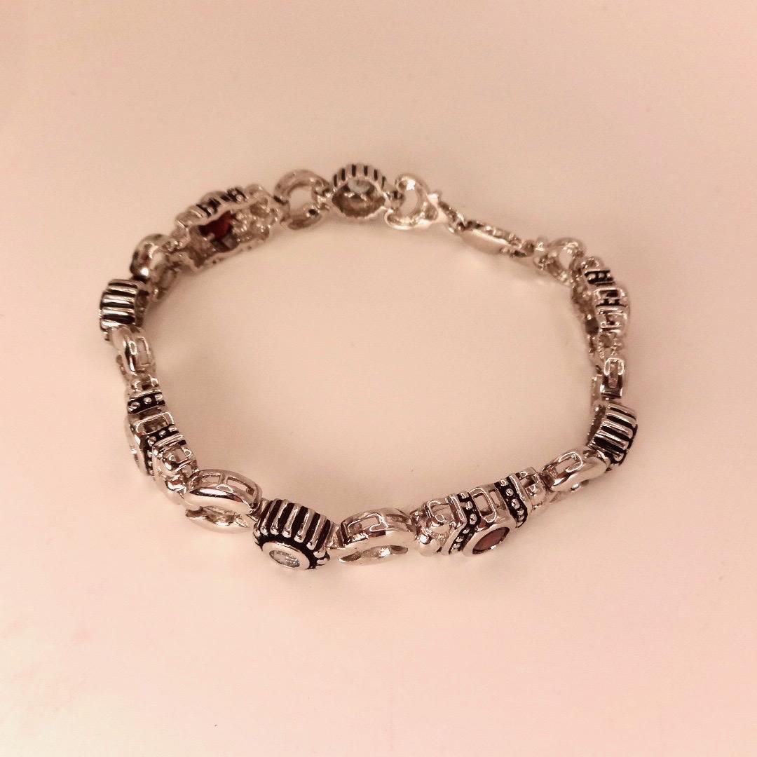 Vintage Red Garnet Clear Quartz Bracelet Sterling Silver Deco Tennis