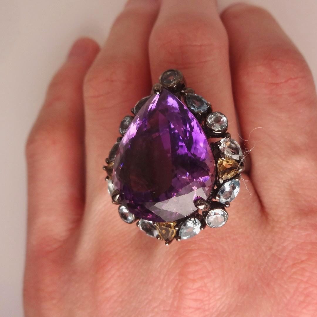 Vintage Purple Amethyst 925 Sterling Silver Cocktail Ring