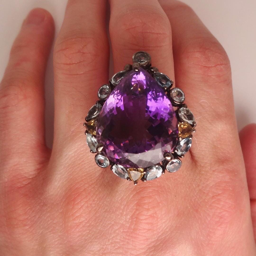 Vintage Purple Amethyst 925 Sterling Silver Cocktail Ring