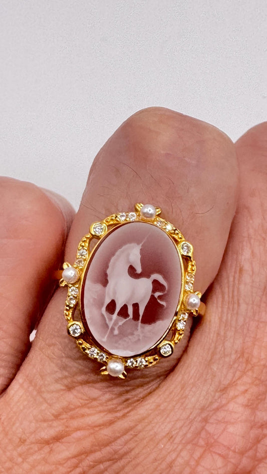 Vintage Unicorn Cameo 925 Sterling Silver Cocktail Ring