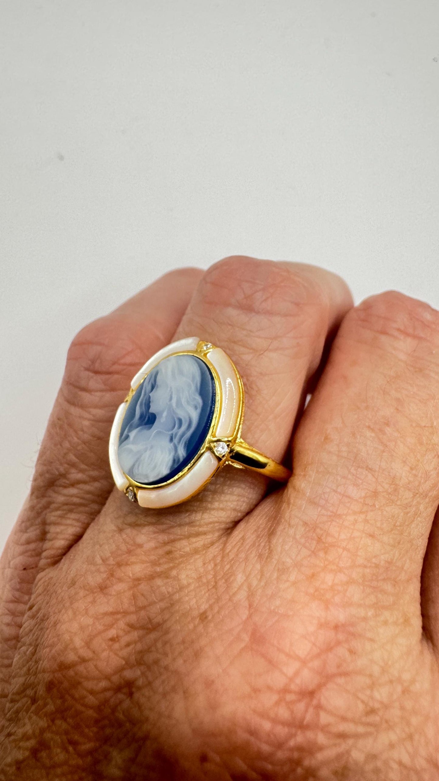 Vintage Blue Onyx Cameo Golden 925 Sterling Silver Cocktail Ring