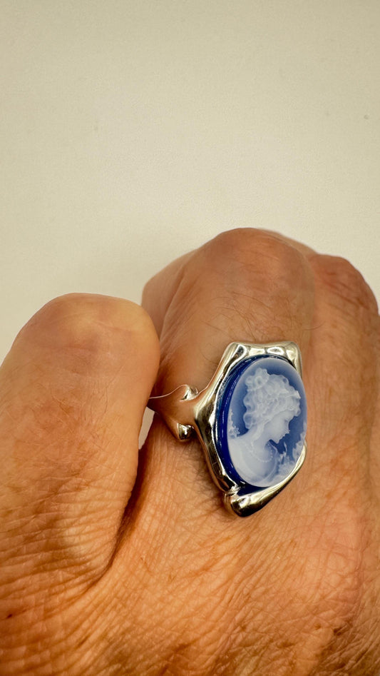 Vintage Blue Onyx Cameo 925 Sterling Silver Cocktail Ring
