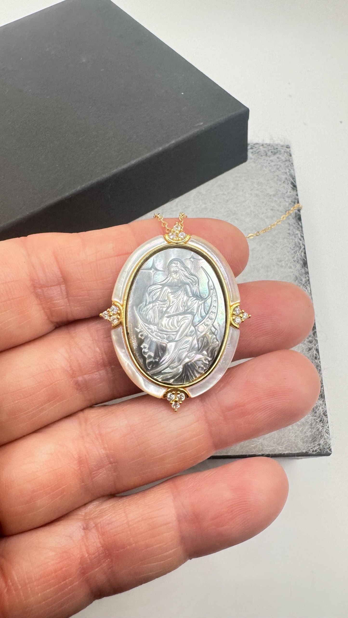 Vintage Moon Goddess Genuine Abalone Cameo Golden Sterling Silver Necklace Pin brooch