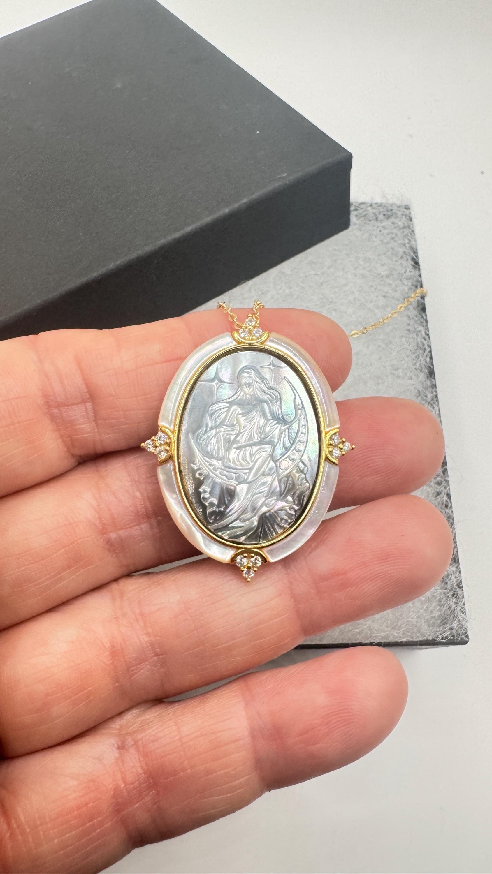 Vintage Moon Goddess Genuine Abalone Cameo Golden Sterling Silver Necklace Pin brooch