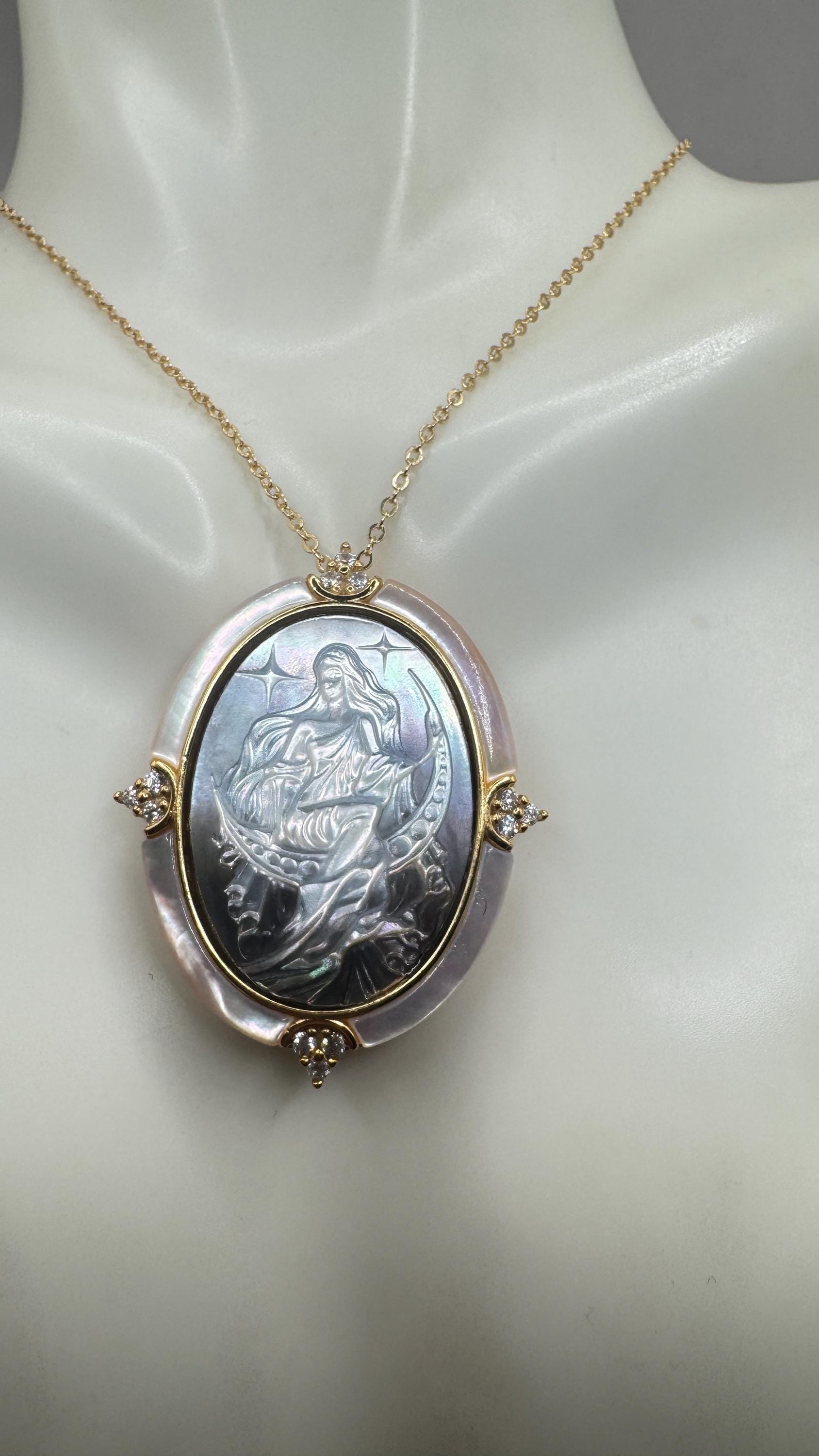 Vintage Moon Goddess Genuine Abalone Cameo Golden Sterling Silver Necklace Pin brooch