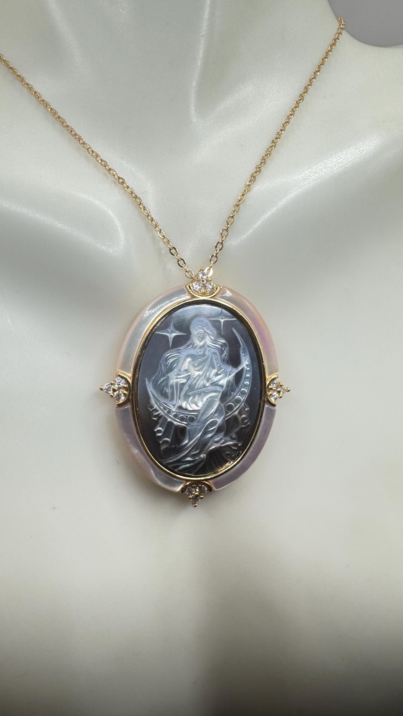 Vintage Moon Goddess Genuine Abalone Cameo Golden Sterling Silver Necklace Pin brooch