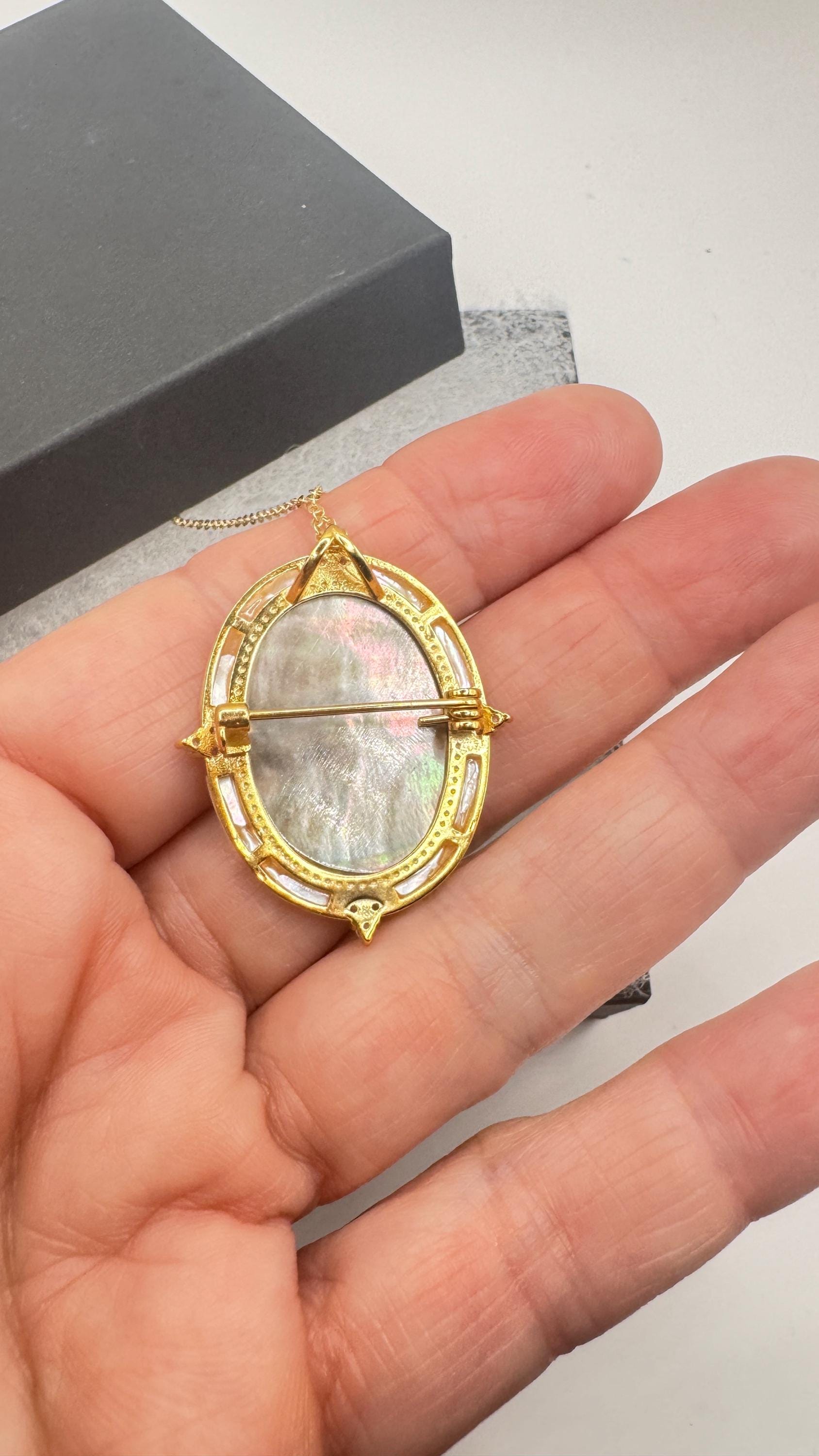 Vintage Moon Goddess Genuine Abalone Cameo Golden Sterling Silver Necklace Pin brooch