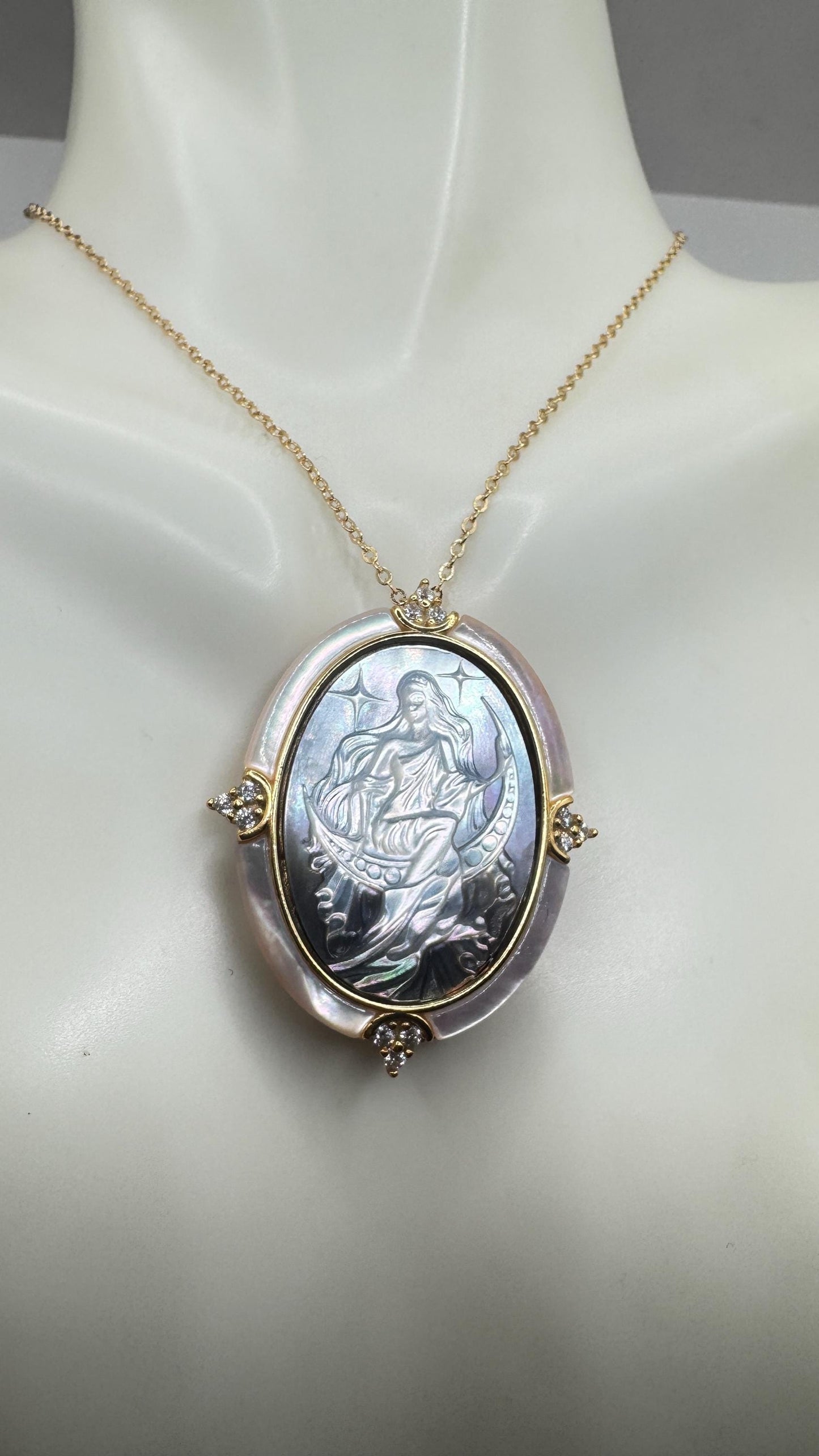 Vintage Moon Goddess Genuine Abalone Cameo Golden Sterling Silver Necklace Pin brooch