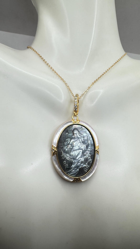 Vintage Moon Goddess Genuine Abalone Cameo Golden Sterling Silver Necklace