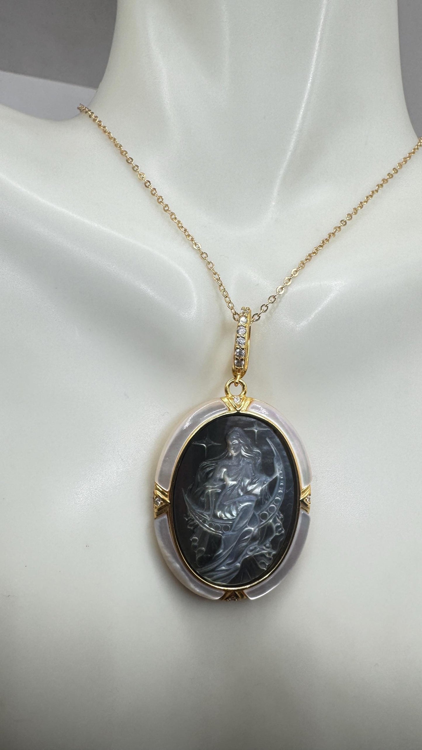 Vintage Moon Goddess Genuine Abalone Cameo Golden Sterling Silver Necklace