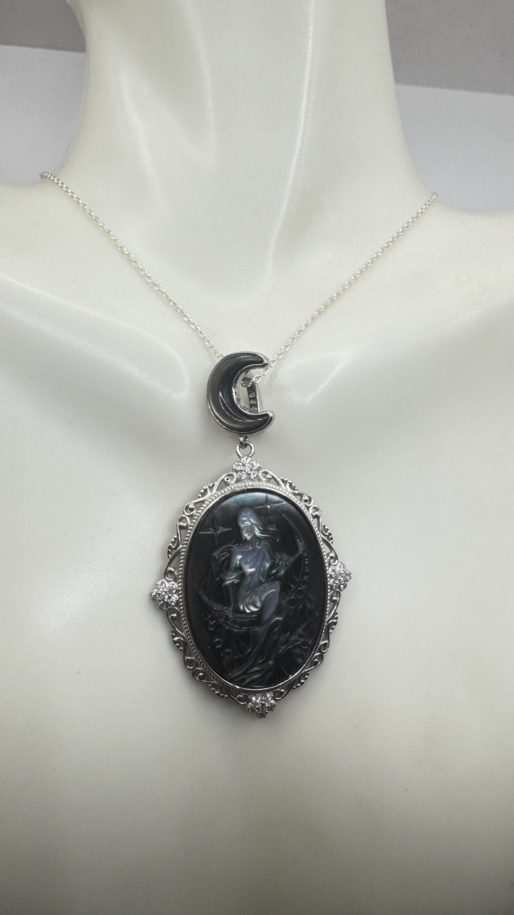 Vintage Moon Goddess Genuine Abalone Cameo Sterling Silver Necklace