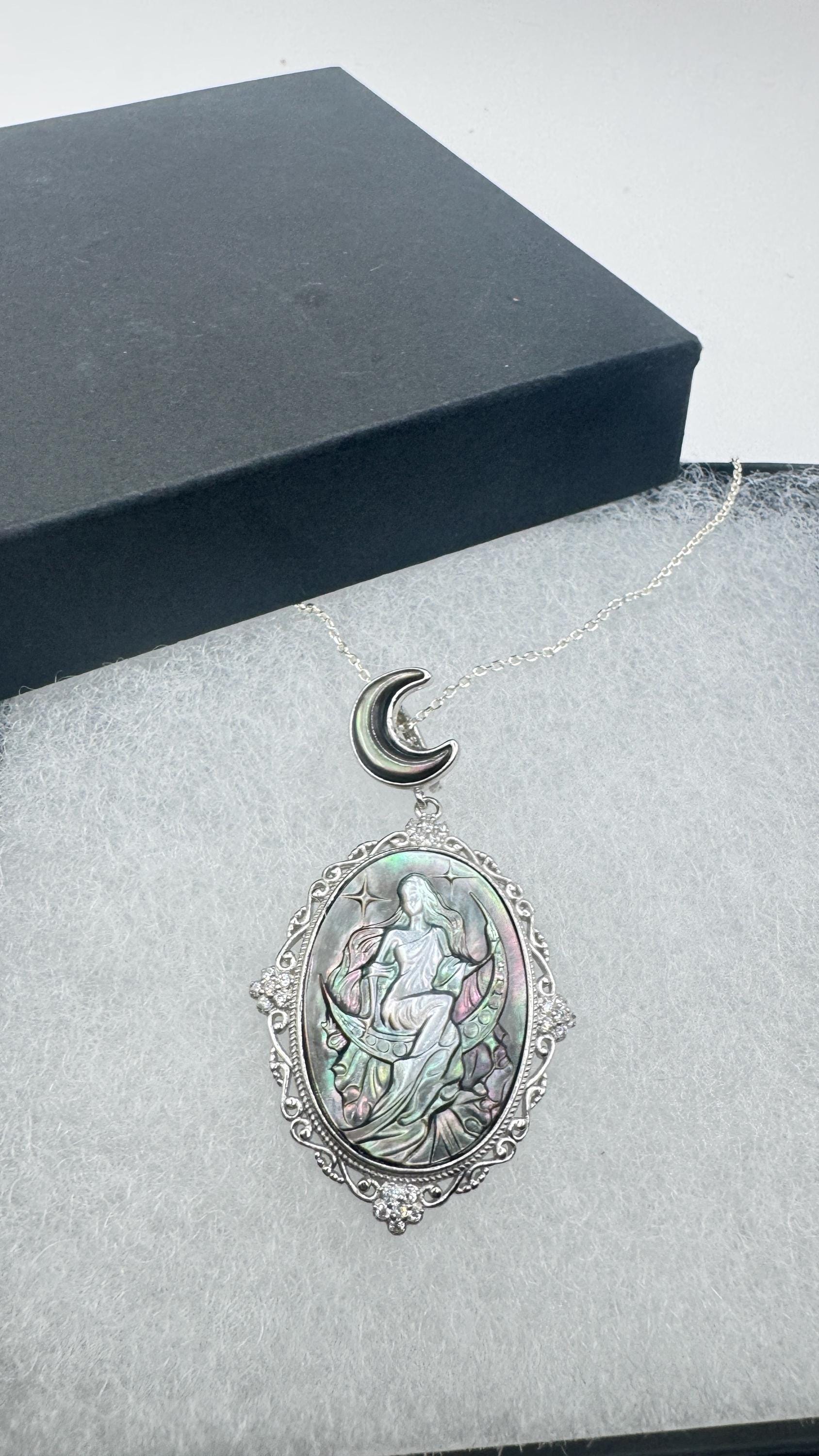 Vintage Moon Goddess Genuine Abalone Cameo Sterling Silver Necklace