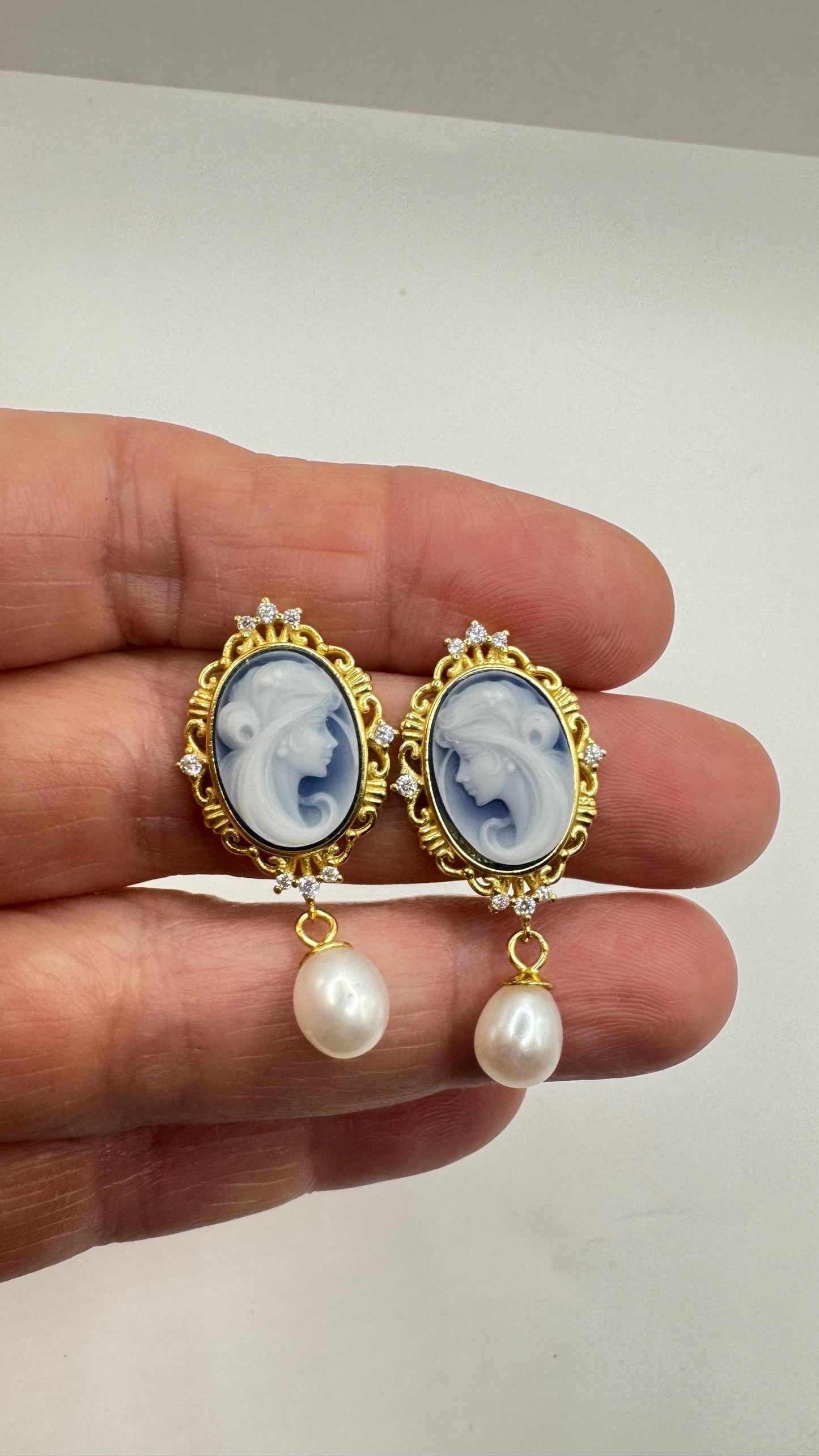Vintage Blue Onyx Cameo Yellow Gold 925 Sterling Silver Earrings