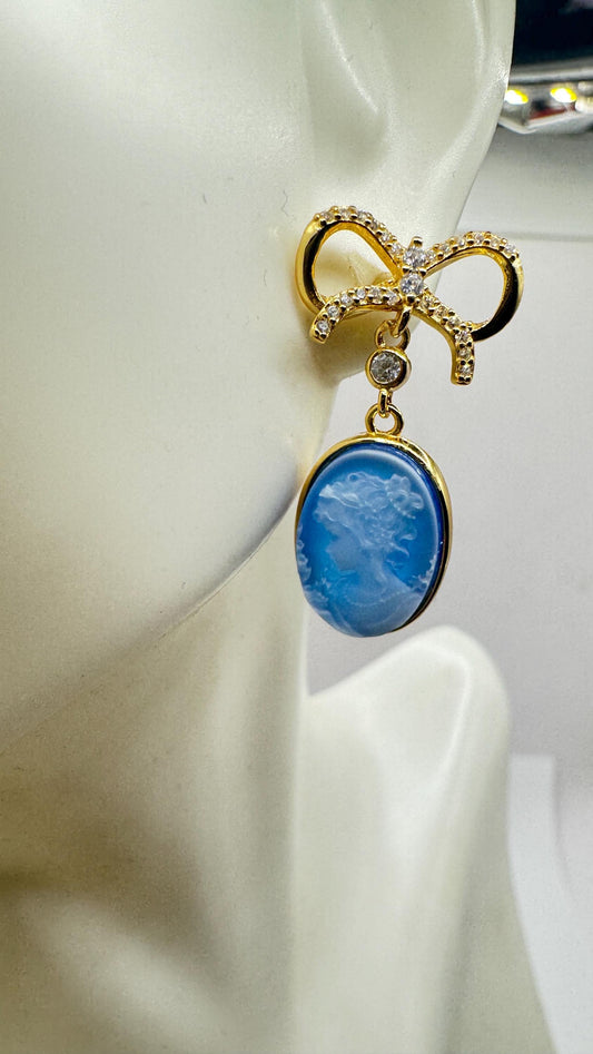 Vintage Blue Onyx Cameo Yellow Golden 925 Sterling Silver Earrings