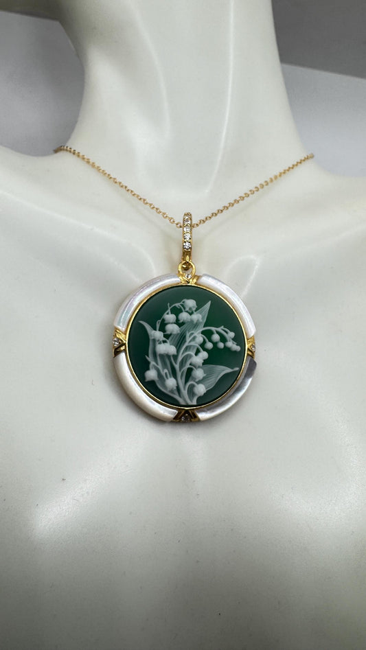 Vintage Lily of the Valley Green Onyx Cameo Choker 925 Sterling Silver Necklace